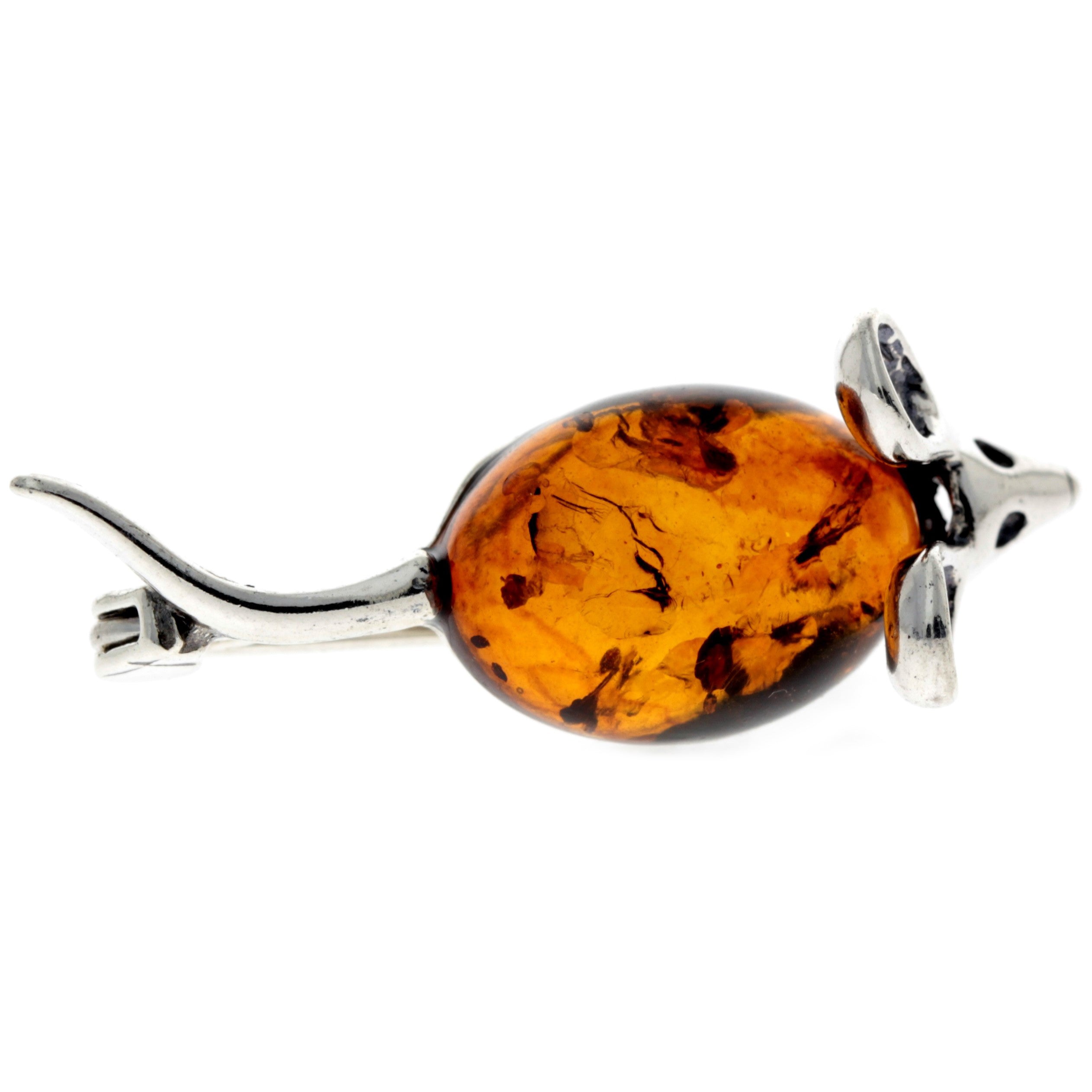 925 Sterling Silver & Baltic Amber Mouse Brooch - 4107