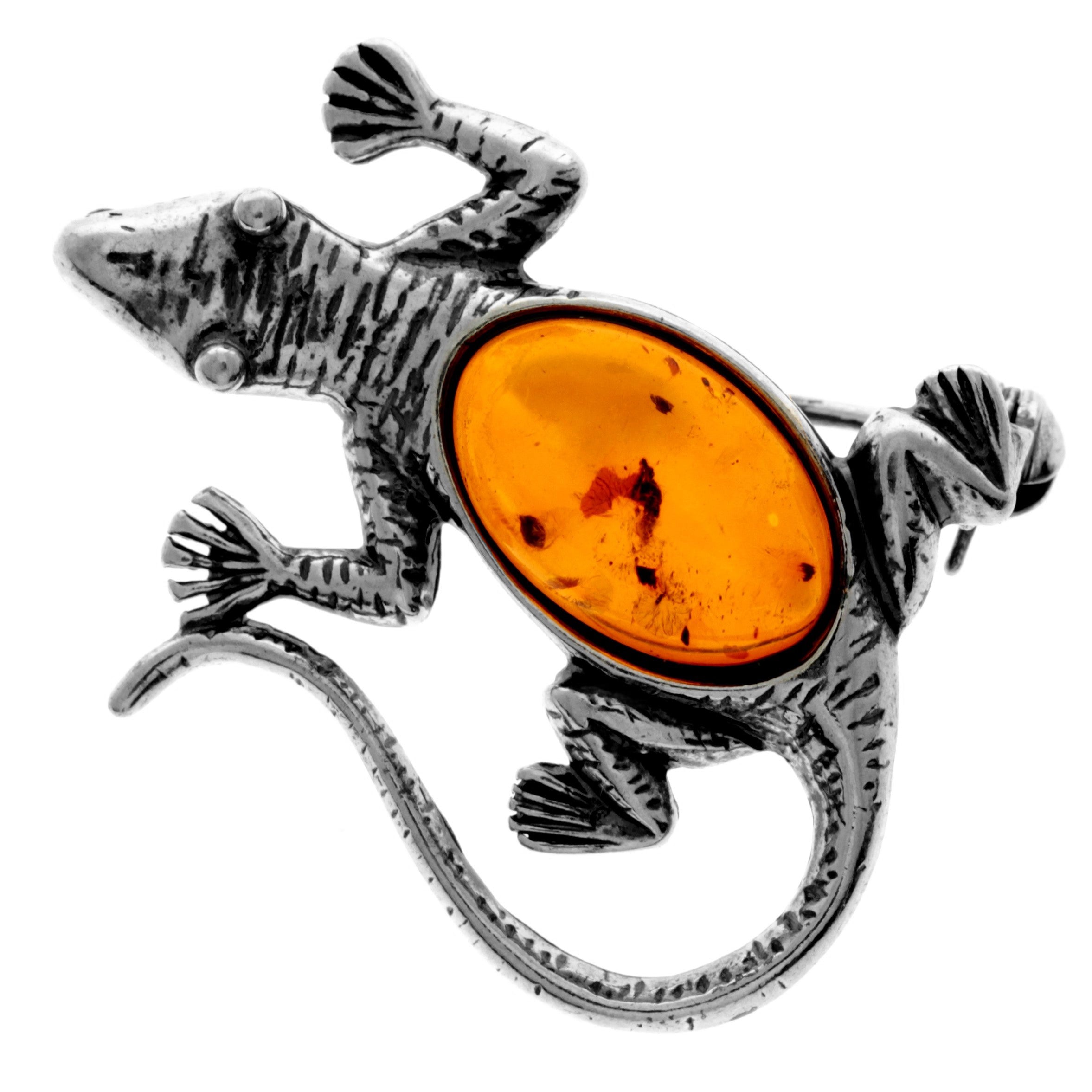 925 Sterling Silver & Genuine Baltic Amber Lizard Brooch - 4108