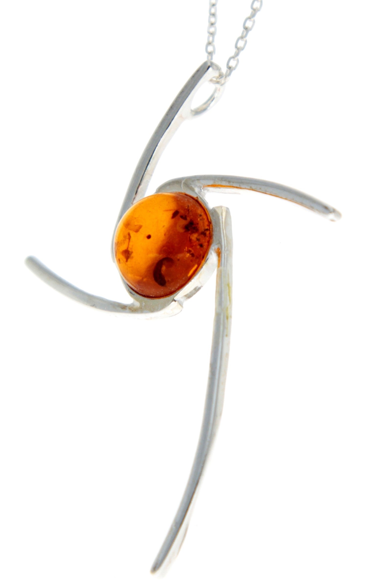 925 Sterling Silver & Genuine Baltic Amber Modern Cross Pendant - 416