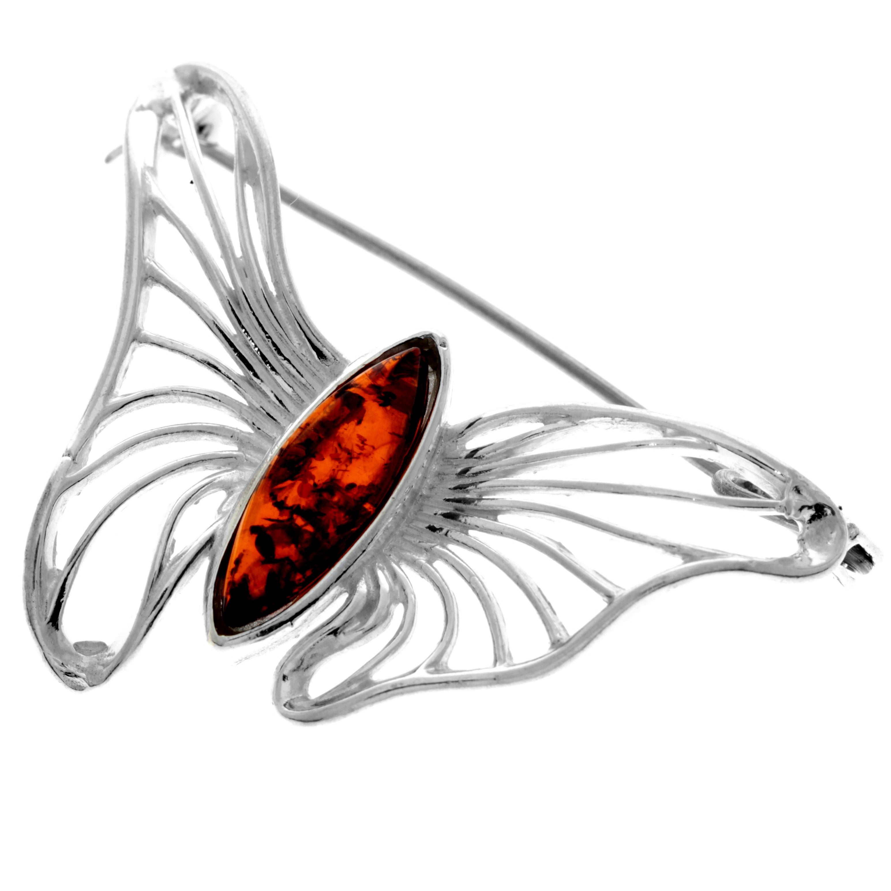 925 Sterling Silver & Genuine Baltic Amber Butterfly Brooch - 4171