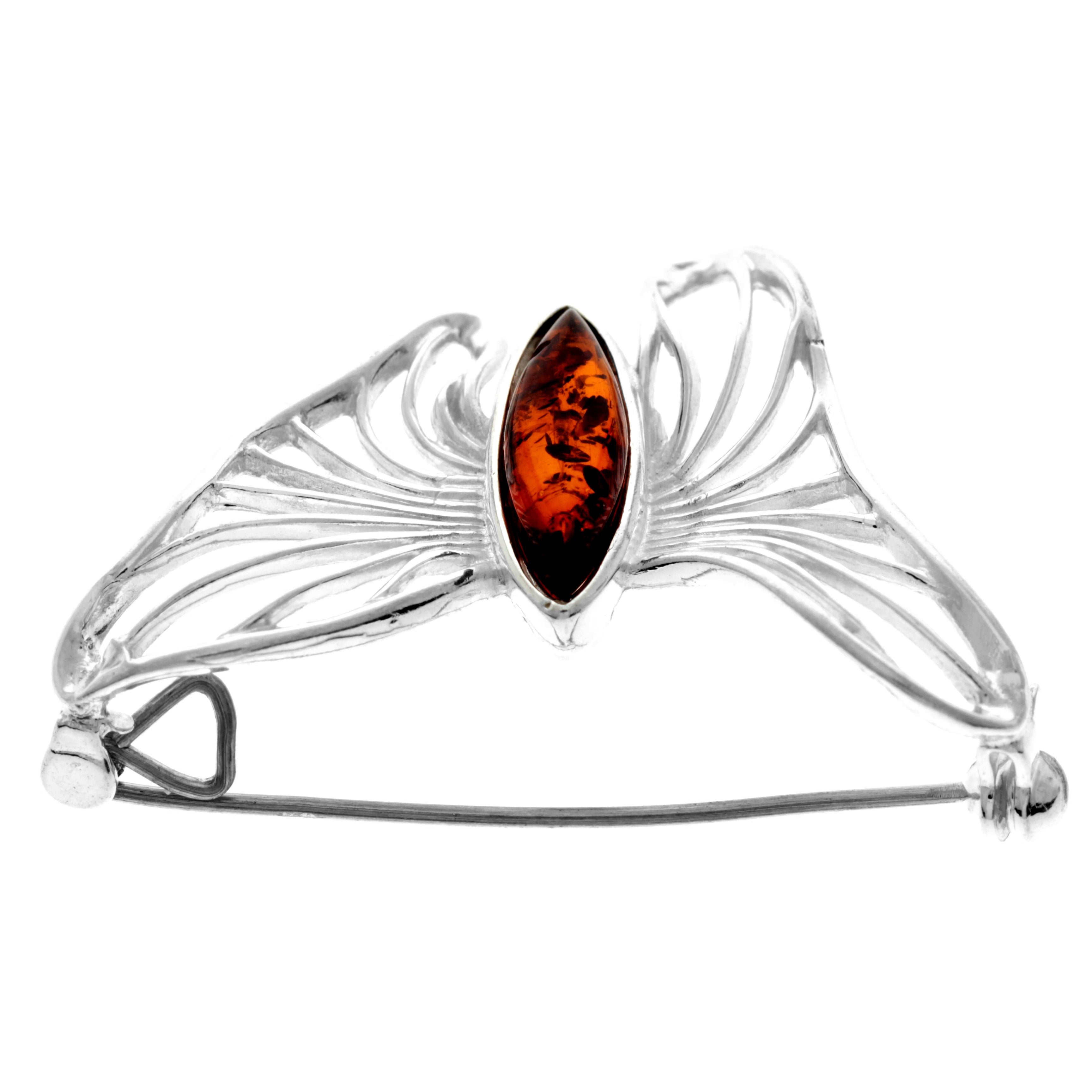 925 Sterling Silver & Genuine Baltic Amber Butterfly Brooch - 4171