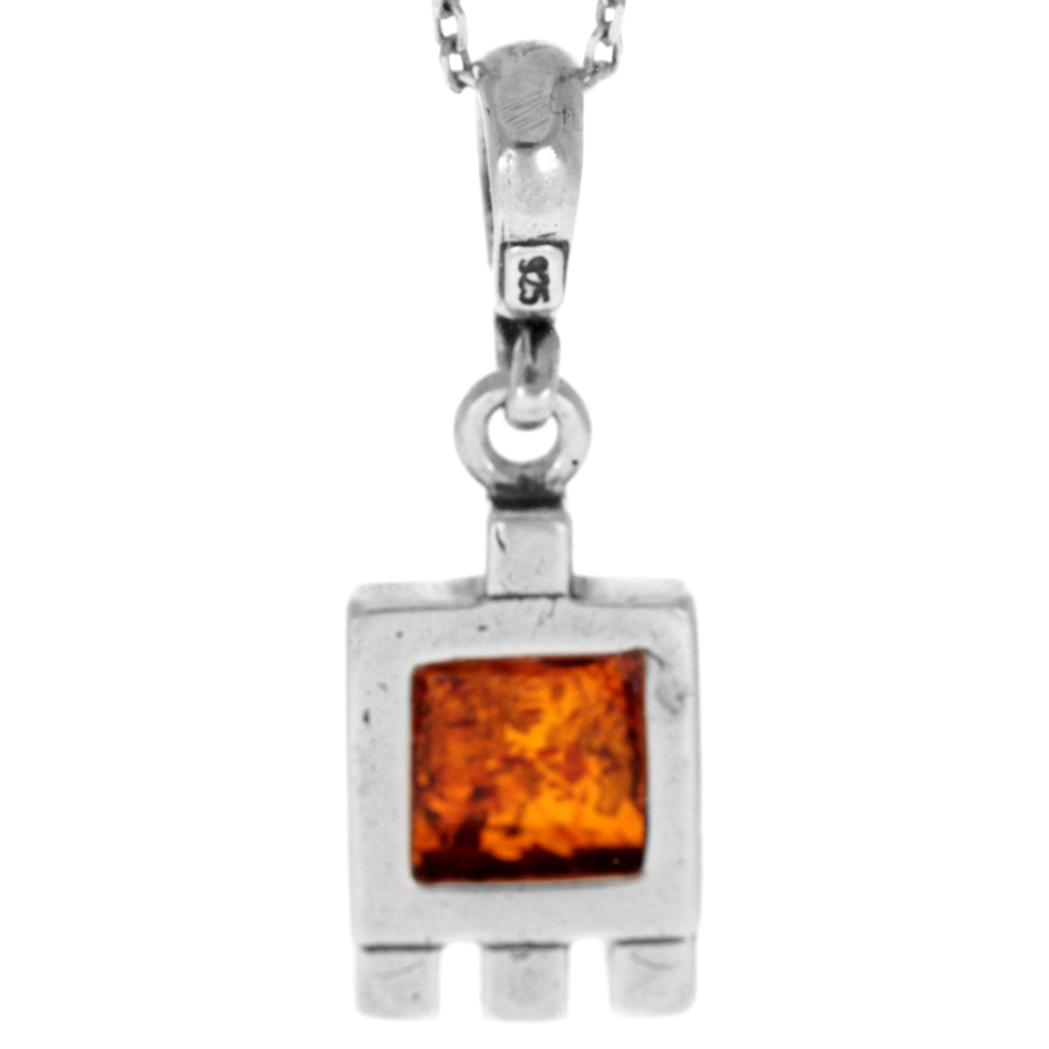 925 Sterling Silver & Genuine Baltic Amber Classic  Square  Pendant - 432