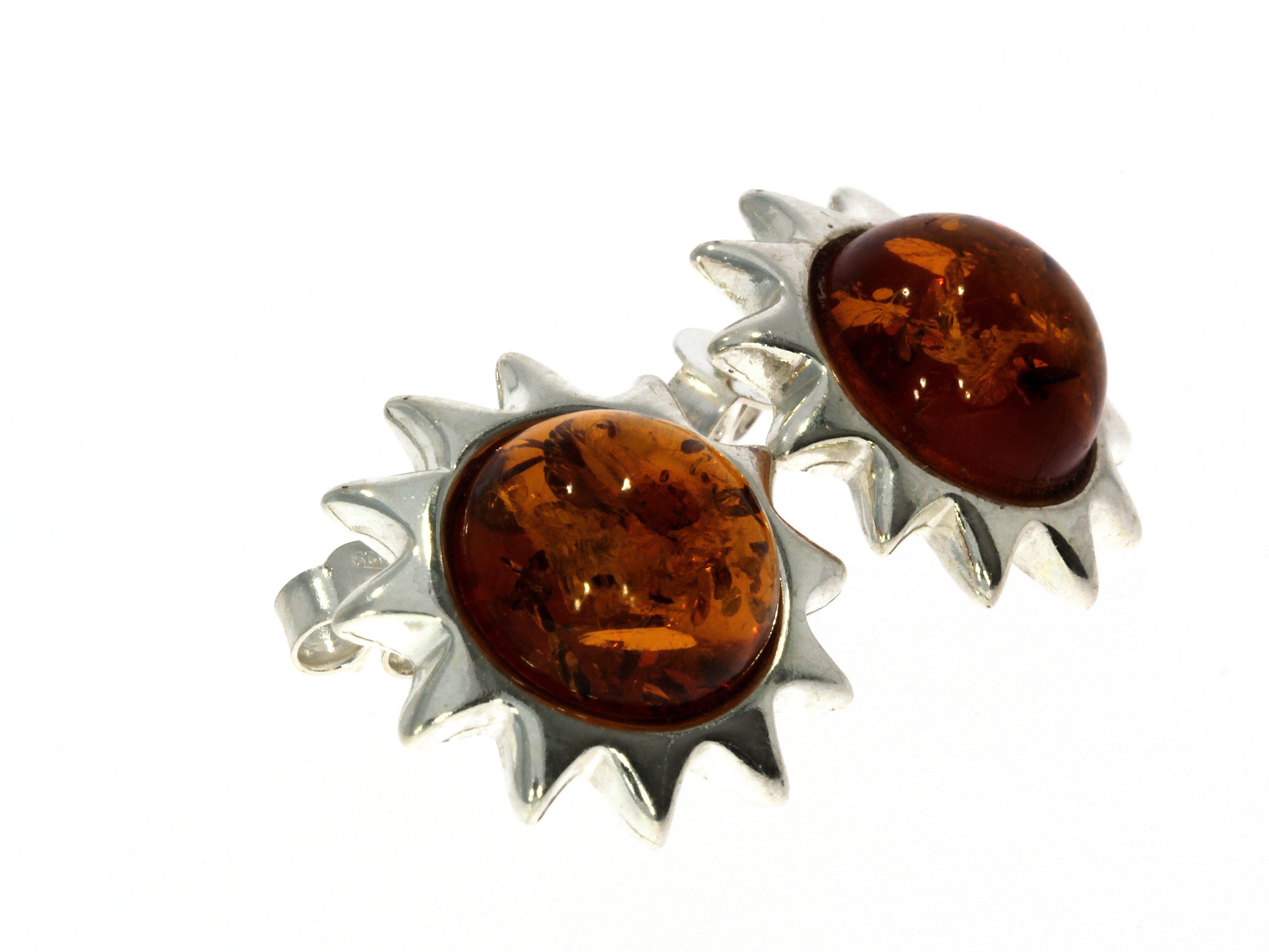 925 Sterling Silver & Genuine Baltic Amber Classic Suns Studs Earrings - 5205