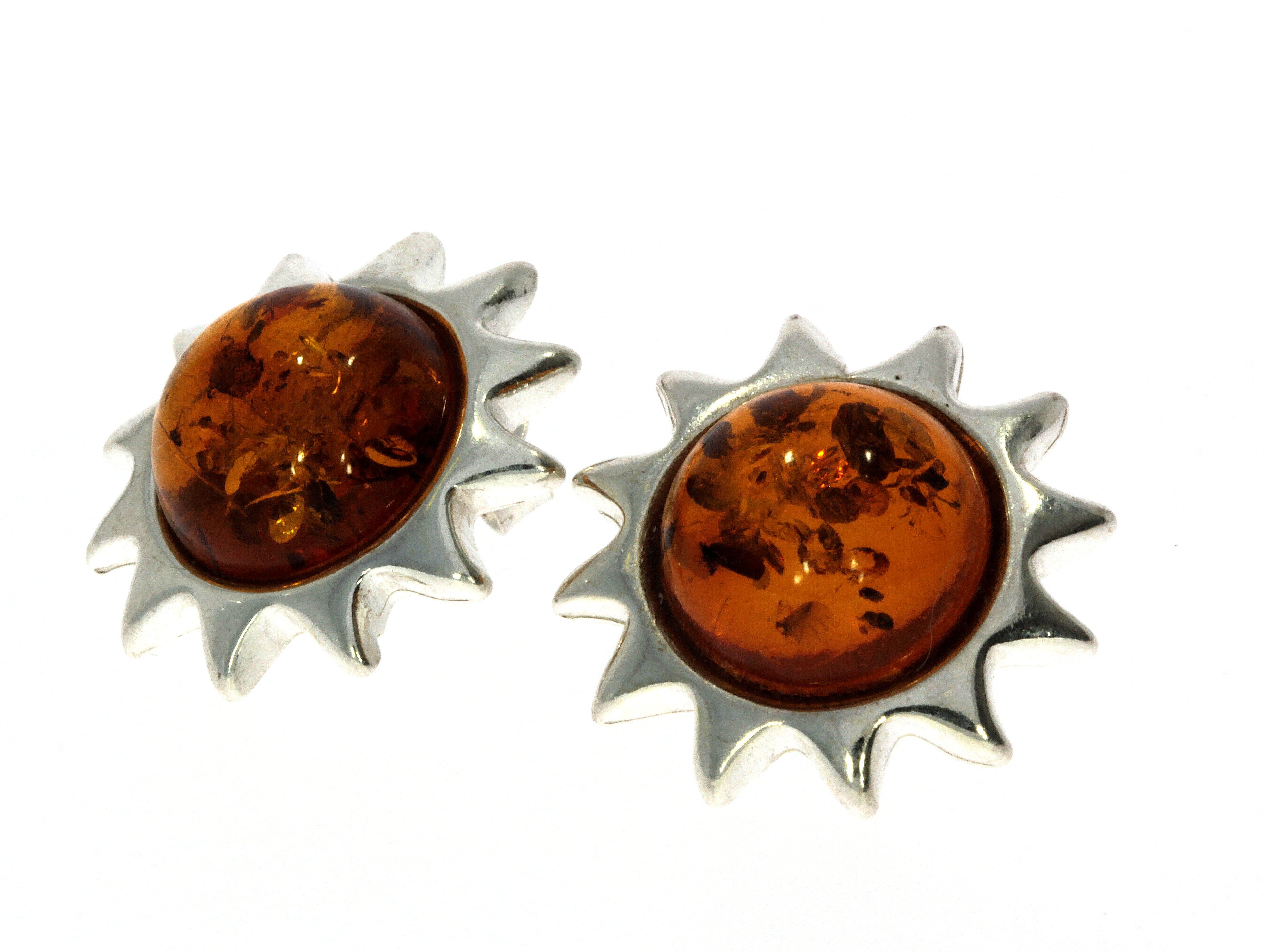 925 Sterling Silver & Genuine Baltic Amber Classic Suns Studs Earrings - 5205