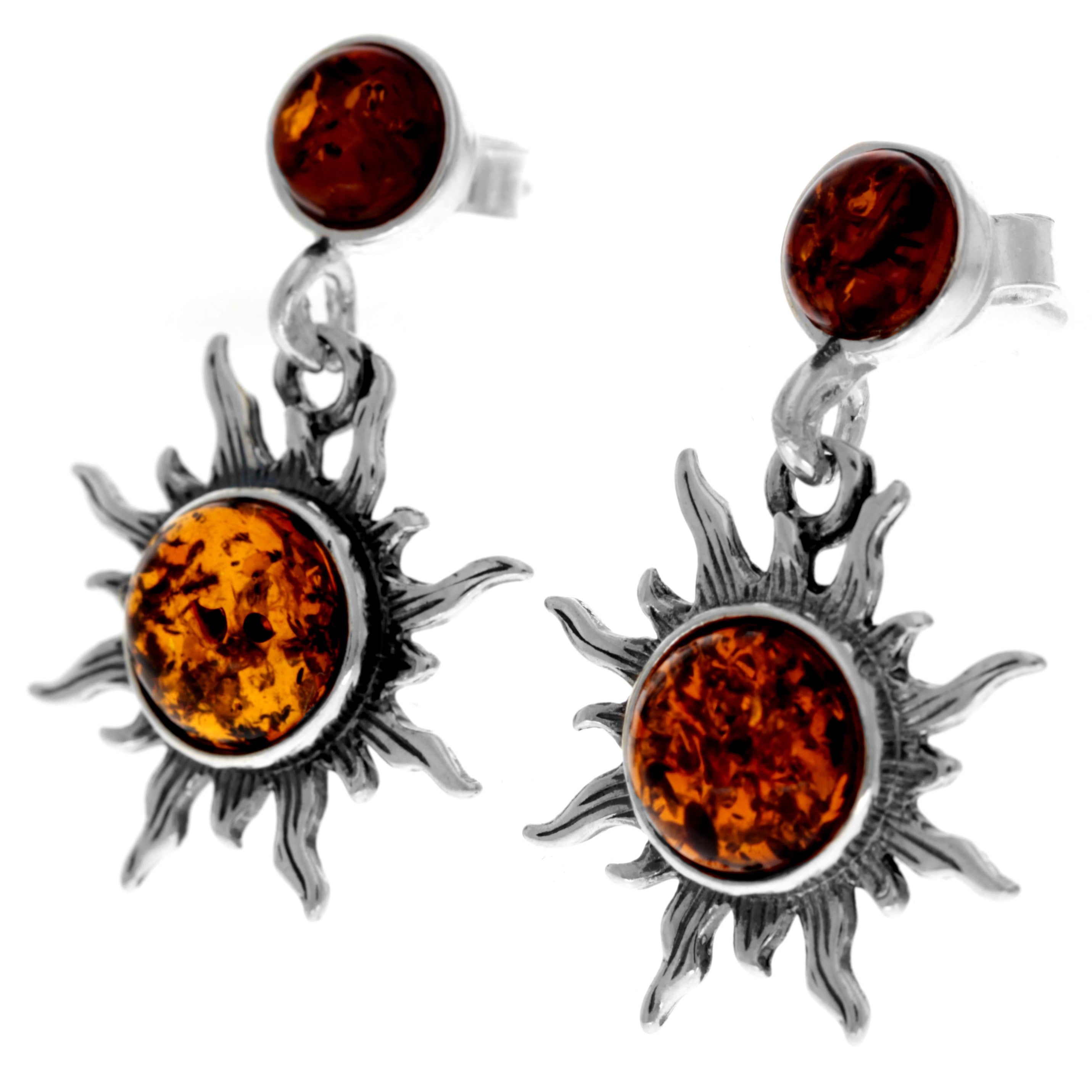 925 Sterling Silver & Genuine Baltic Amber Sun / Star Drop Earrings 5334