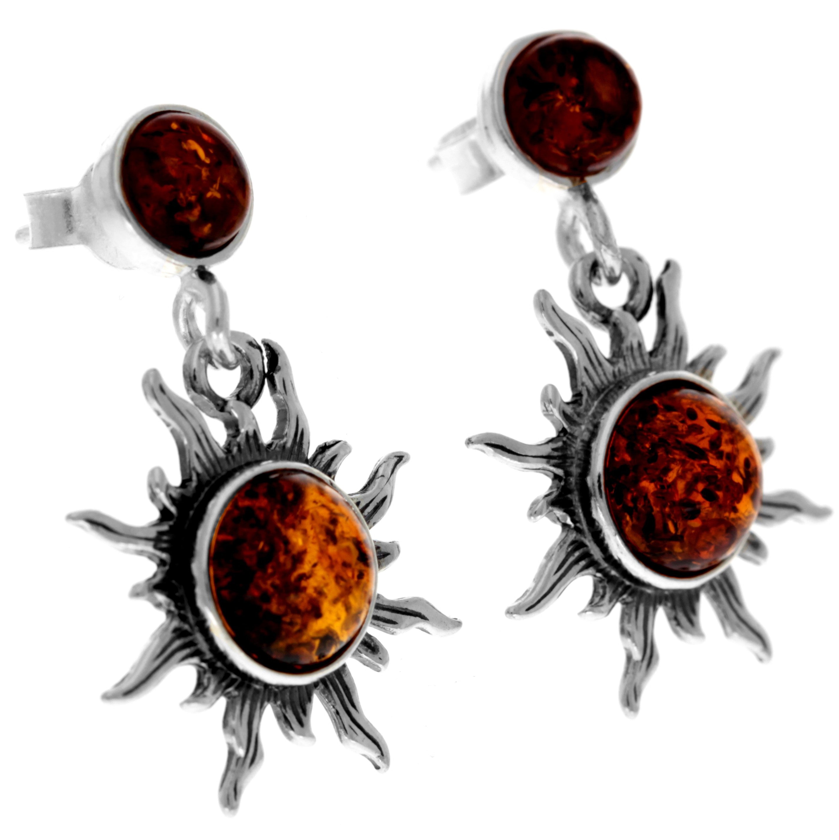 925 Sterling Silver & Genuine Baltic Amber Sun / Star Drop Earrings 5334