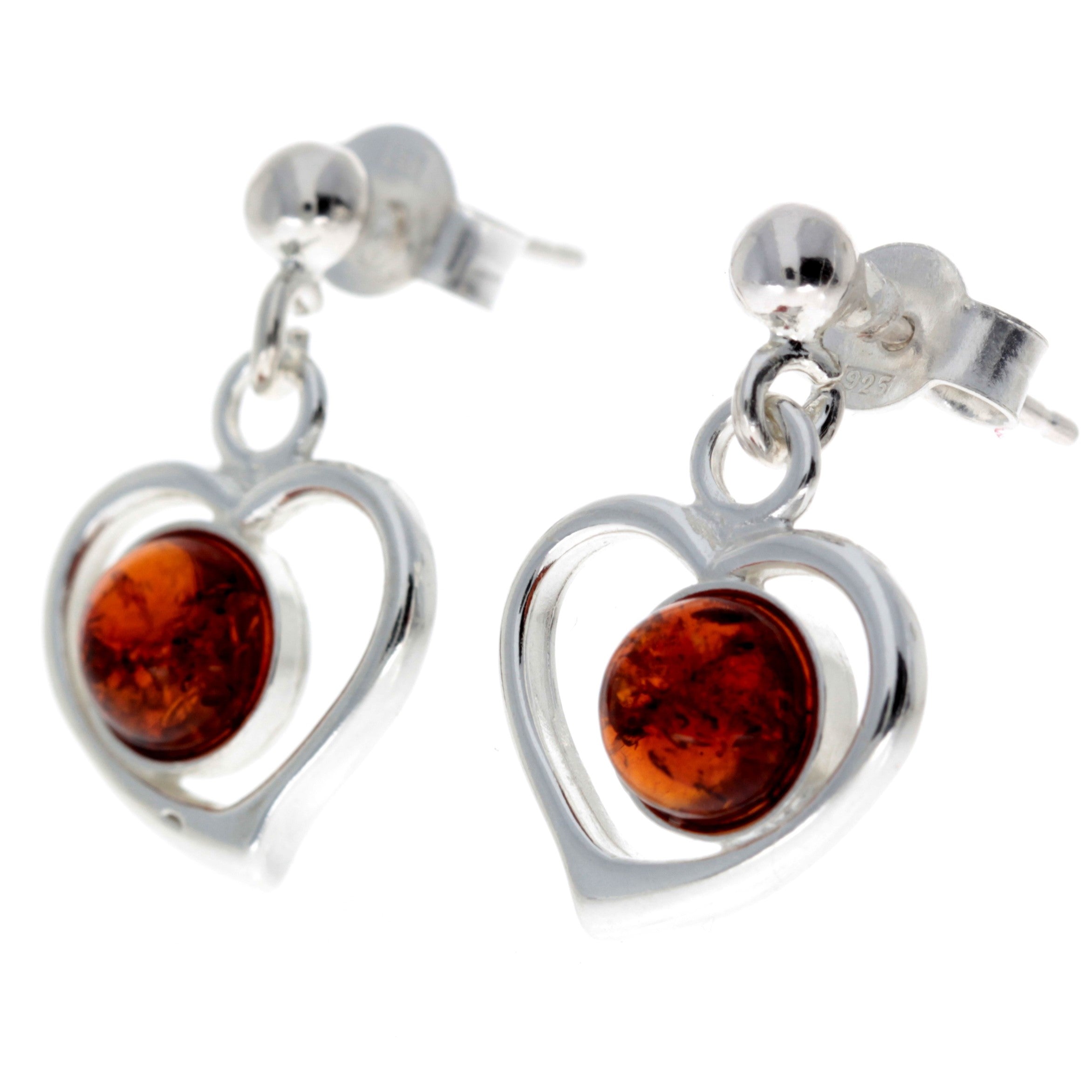 925 Sterling Silver & Genuine Baltic Amber Classic Hearts Drop Earrings - 5348