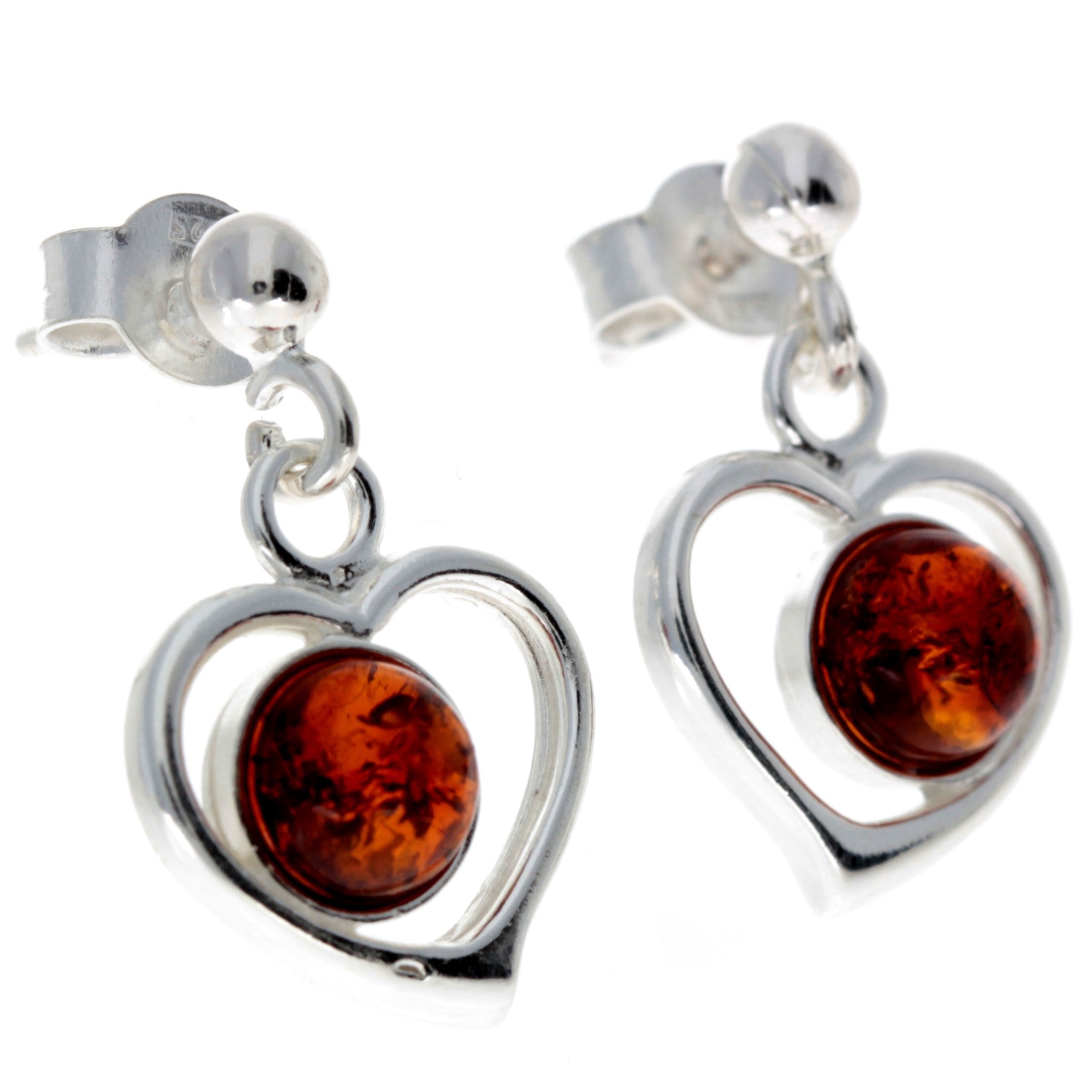 925 Sterling Silver & Genuine Baltic Amber Classic Hearts Drop Earrings - 5348