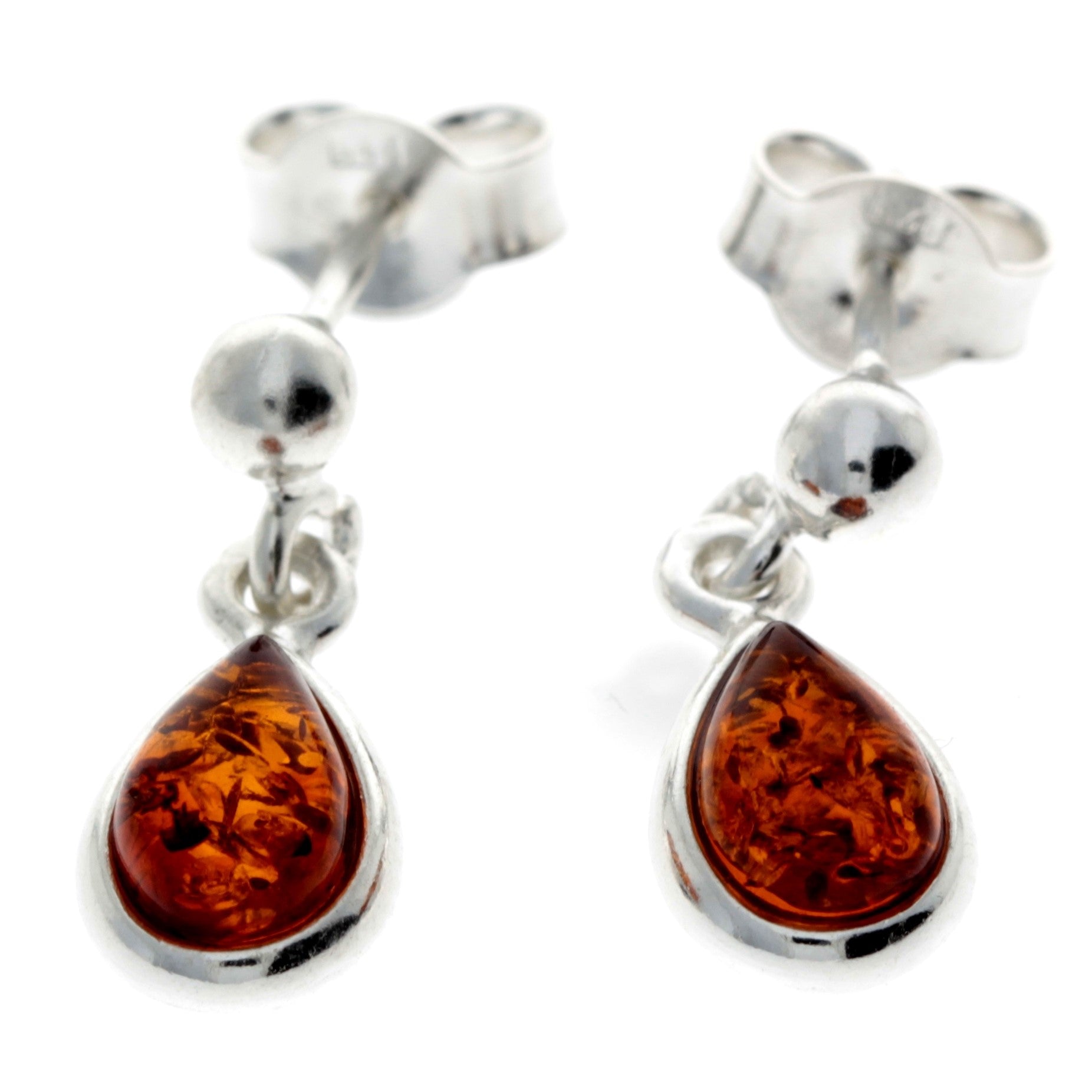 925 Sterling Silver & Genuine Baltic Amber Classic Teardrop Drop Earrings - 5382