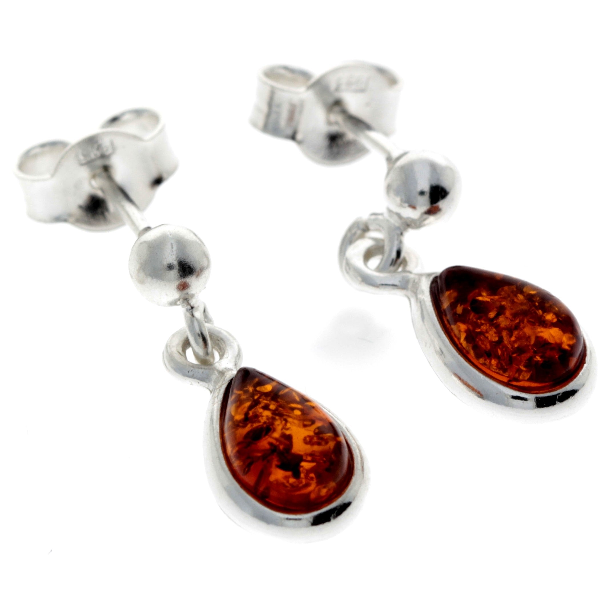 925 Sterling Silver & Genuine Baltic Amber Classic Teardrop Drop Earrings - 5382