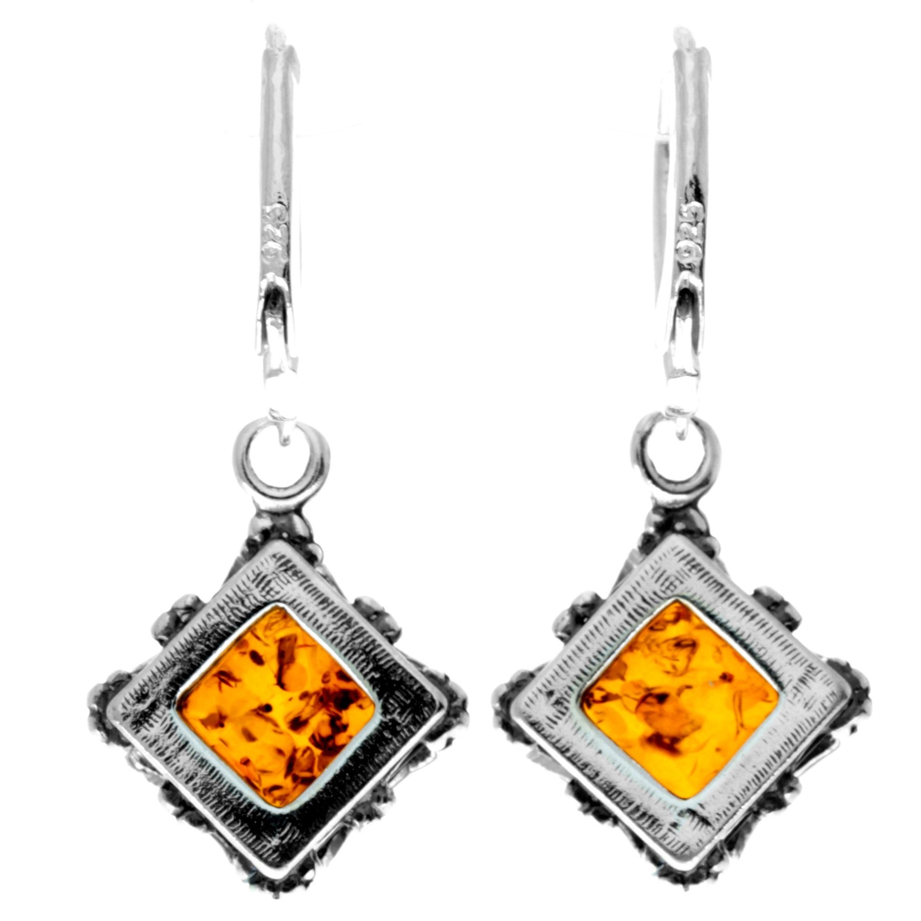 925 Sterling Silver & Genuine Baltic Amber Classic Square Dangling Earrings - 5431