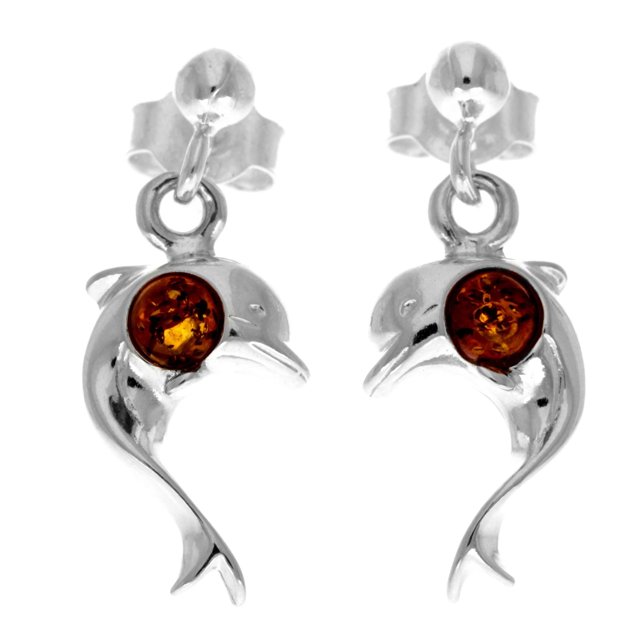 925 Sterling Silver & Genuine Baltic Amber Drop Dolphin Earrings - 5468