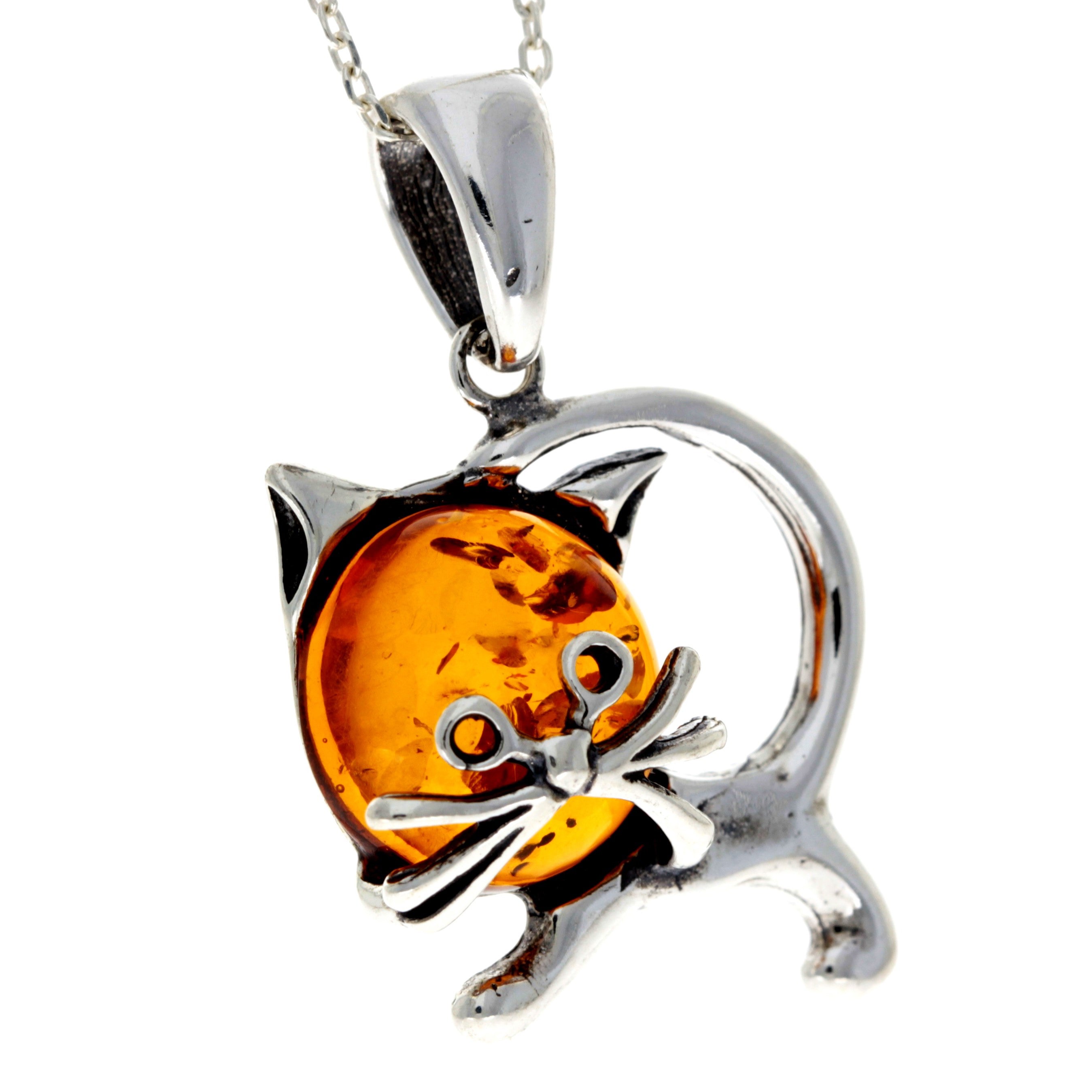 925 Sterling Silver & Genuine Baltic Amber Pussycat Sweet Pendant - 550