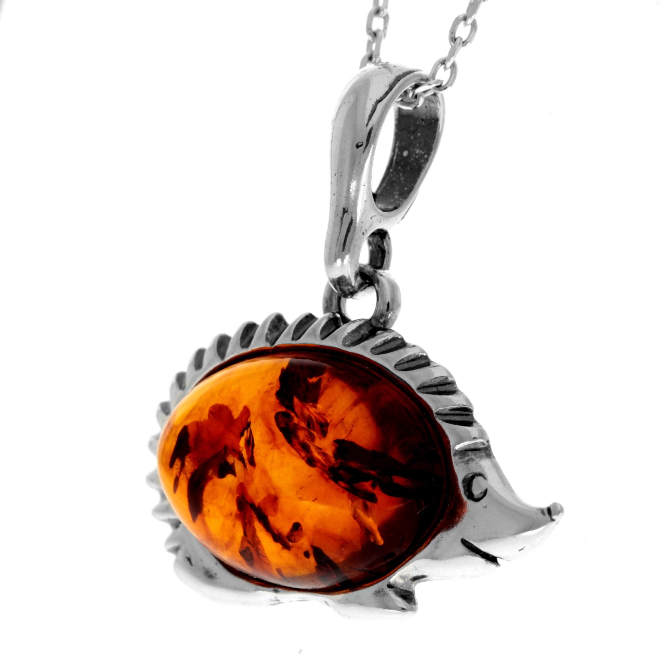 925 Sterling Silver & Genuine Baltic Amber Classic  Hedgehog Pendant - 552