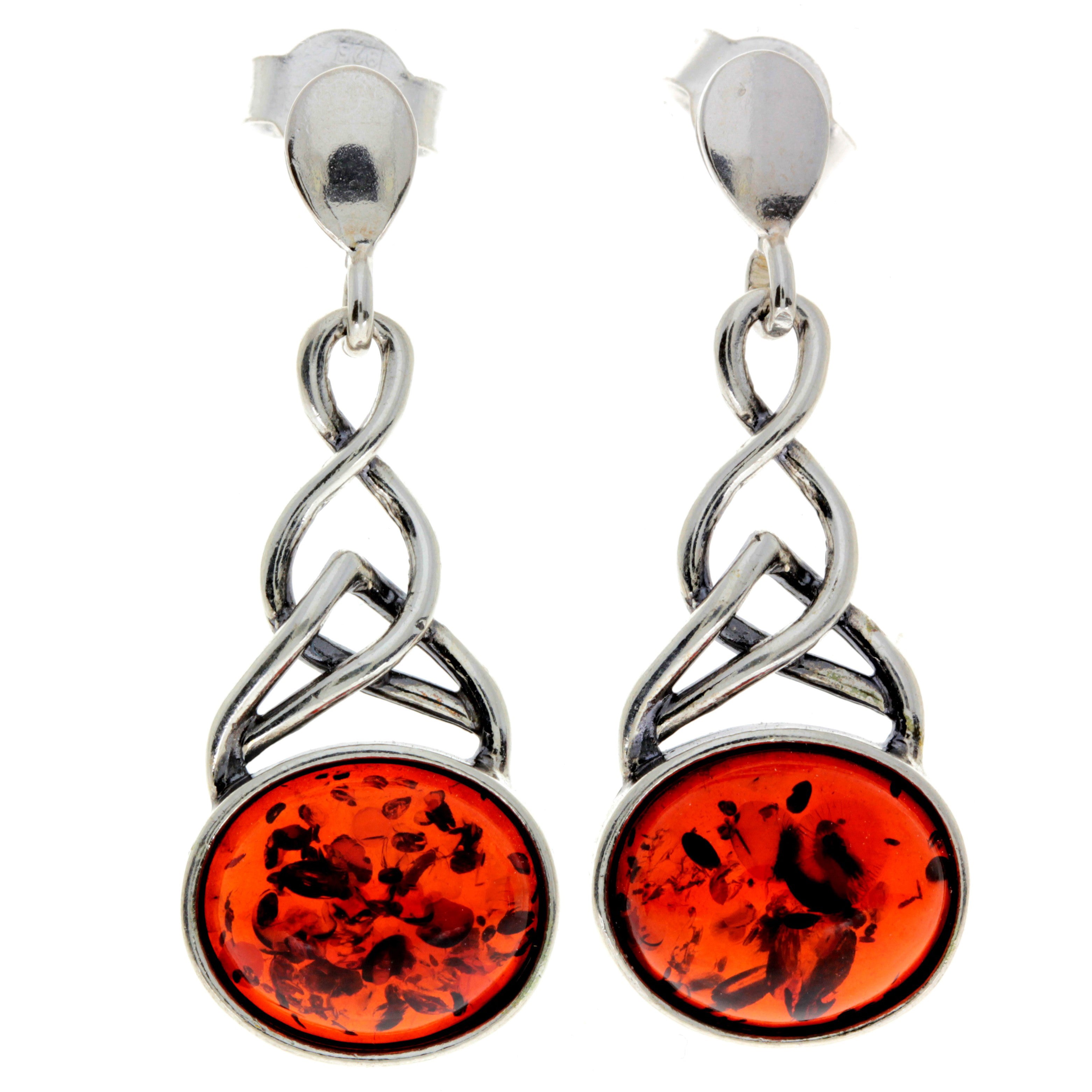 925 Sterling Silver & Genuine Baltic Amber Celtic Drop Earrings - 5917