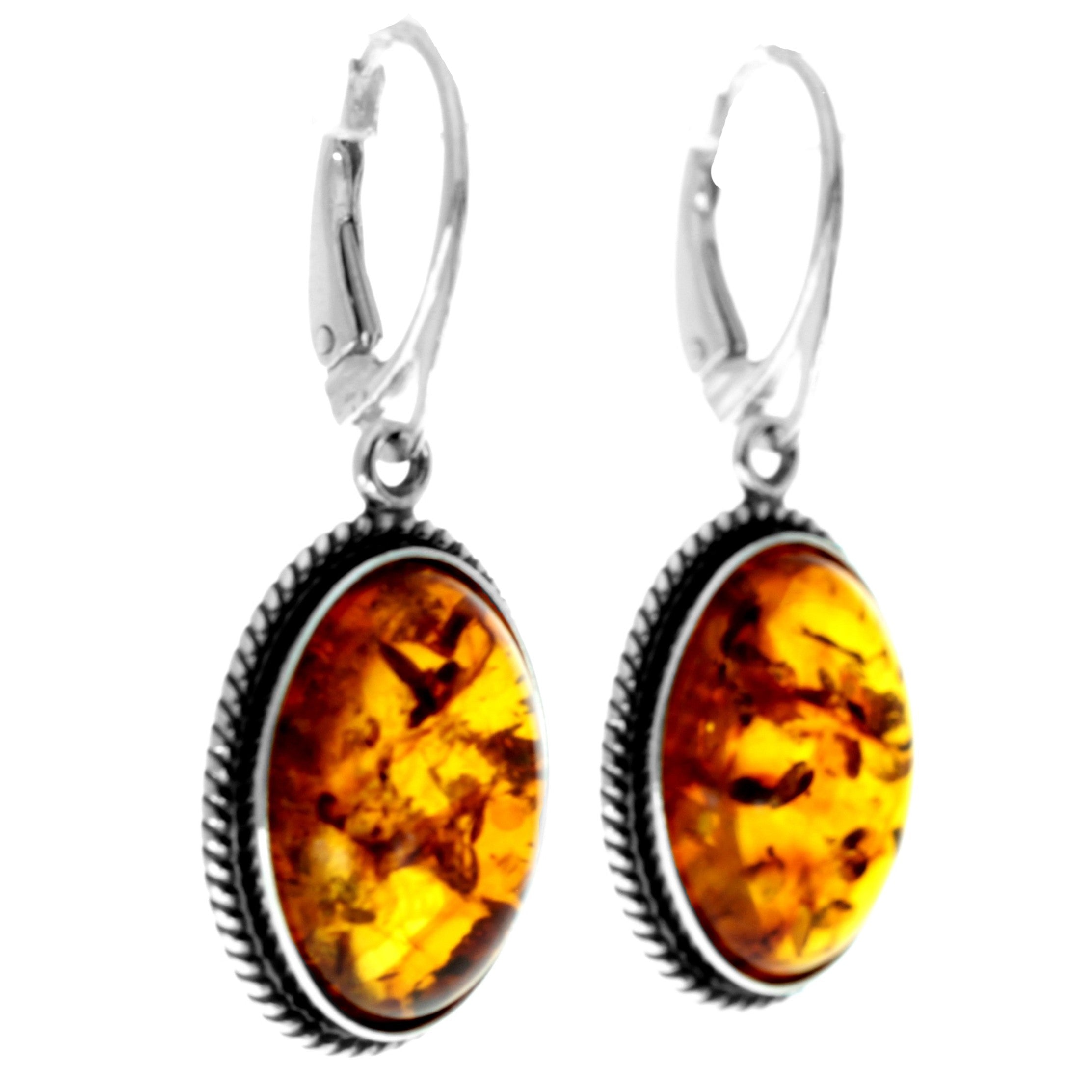 925 Sterling Silver & Genuine Baltic Amber Classic Drop Dangling Earrings - 5920