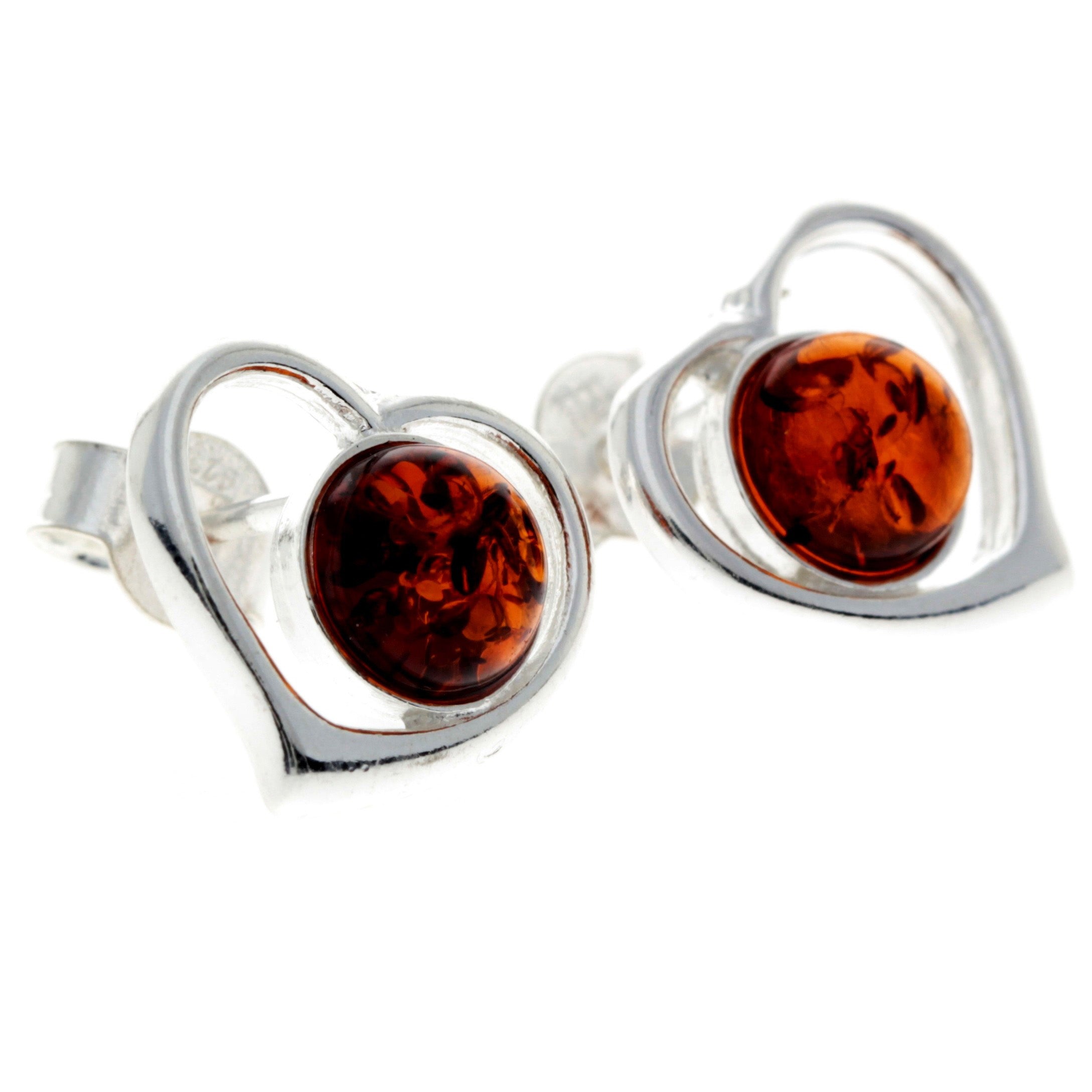 925 Sterling Silver & Genuine Baltic Amber Classic Hearts Studs Earrings - 5948