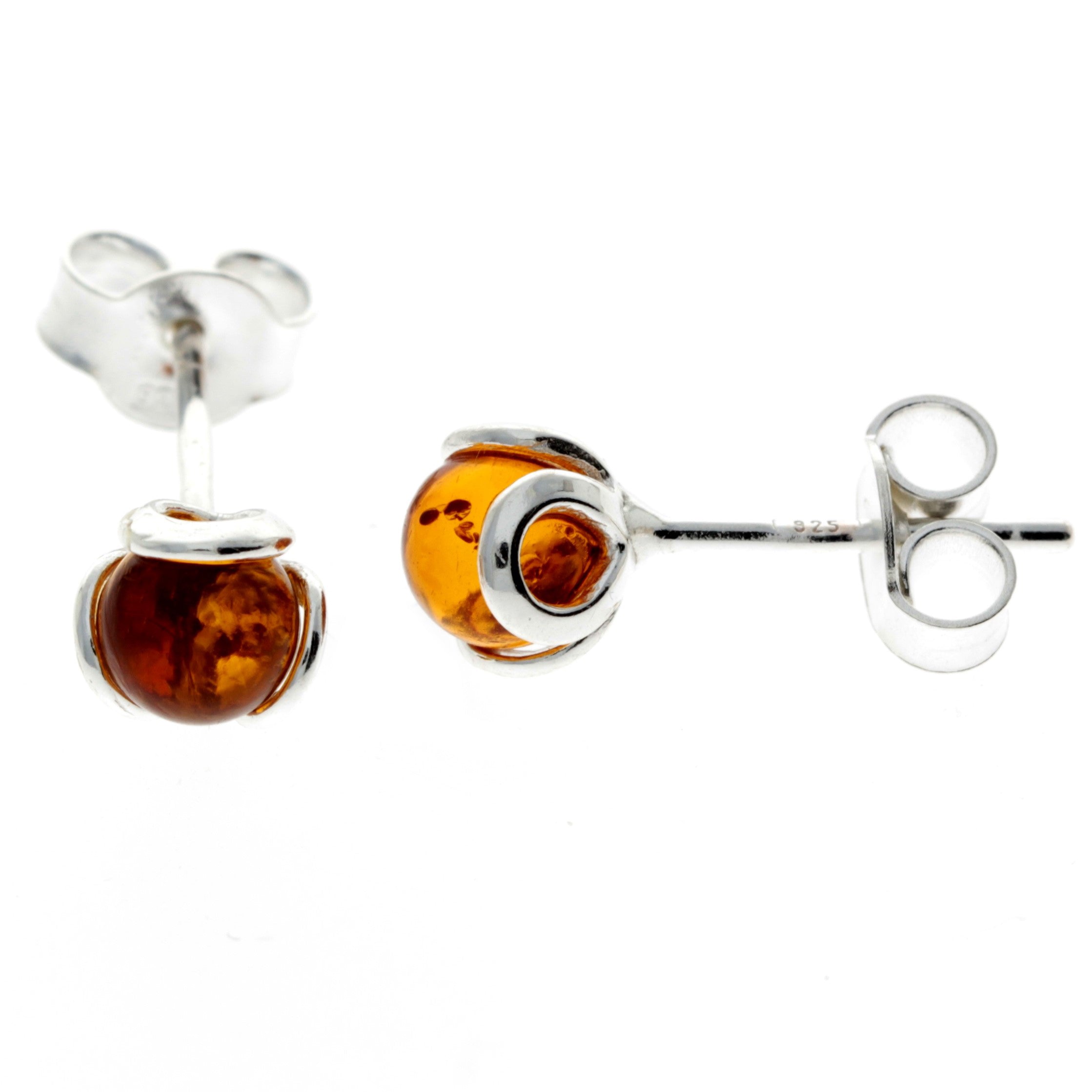 925 Sterling Silver & Baltic Amber Ball Earrings - 5966