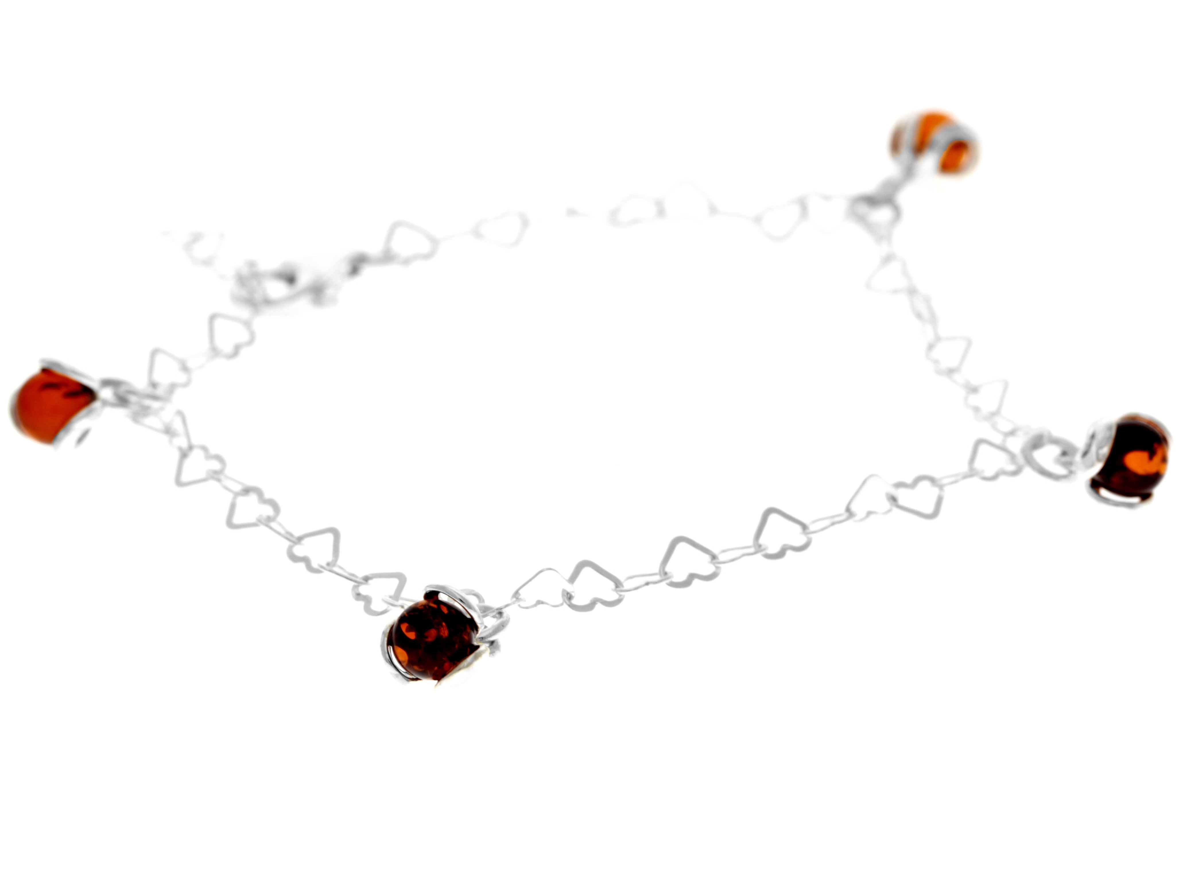 925 Sterling Silver & Genuine Baltic Amber Modern Adjustable up to 20 cm Hearts Bracelet - 5966B