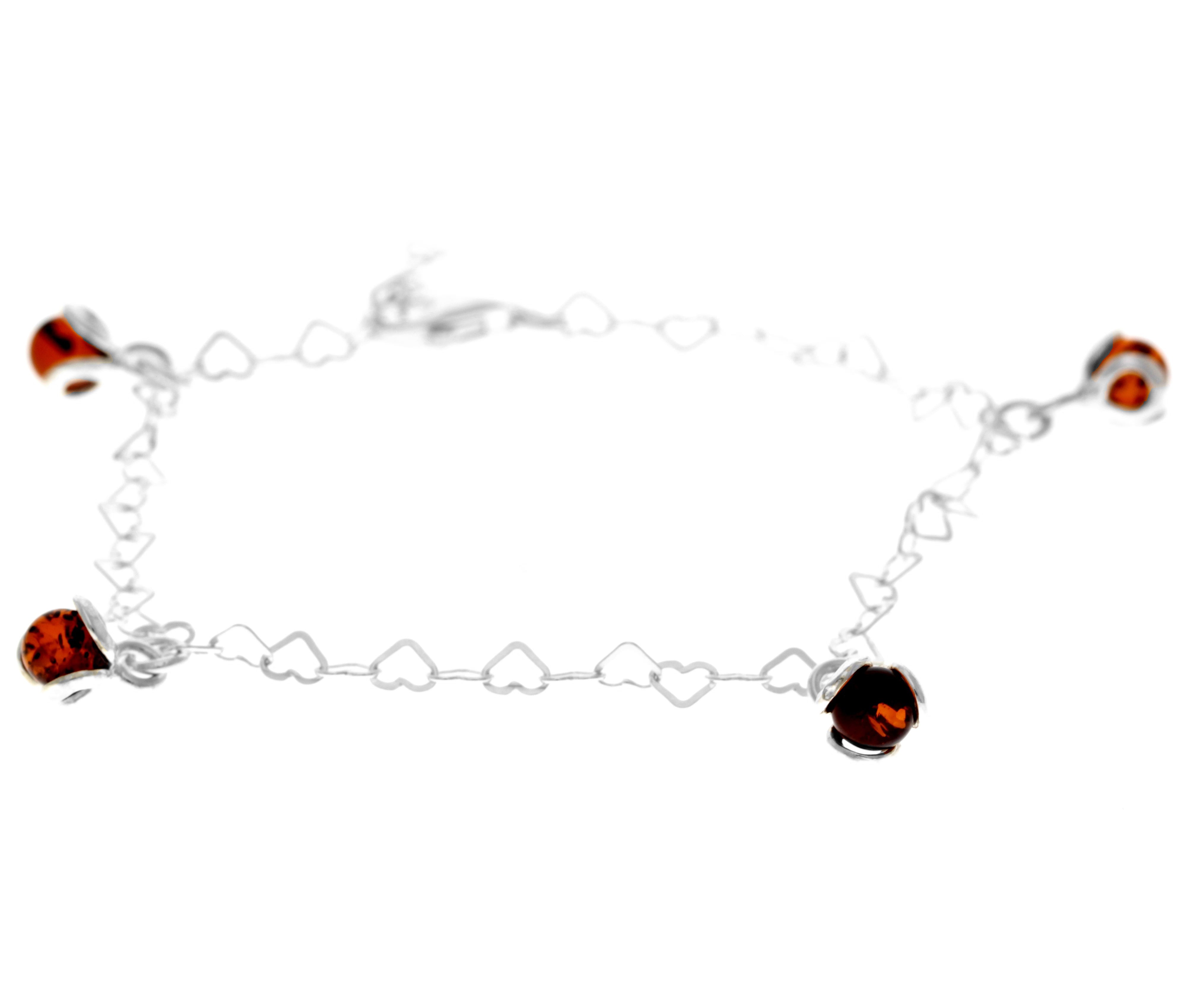 925 Sterling Silver & Genuine Baltic Amber Modern Adjustable up to 20 cm Hearts Bracelet - 5966B