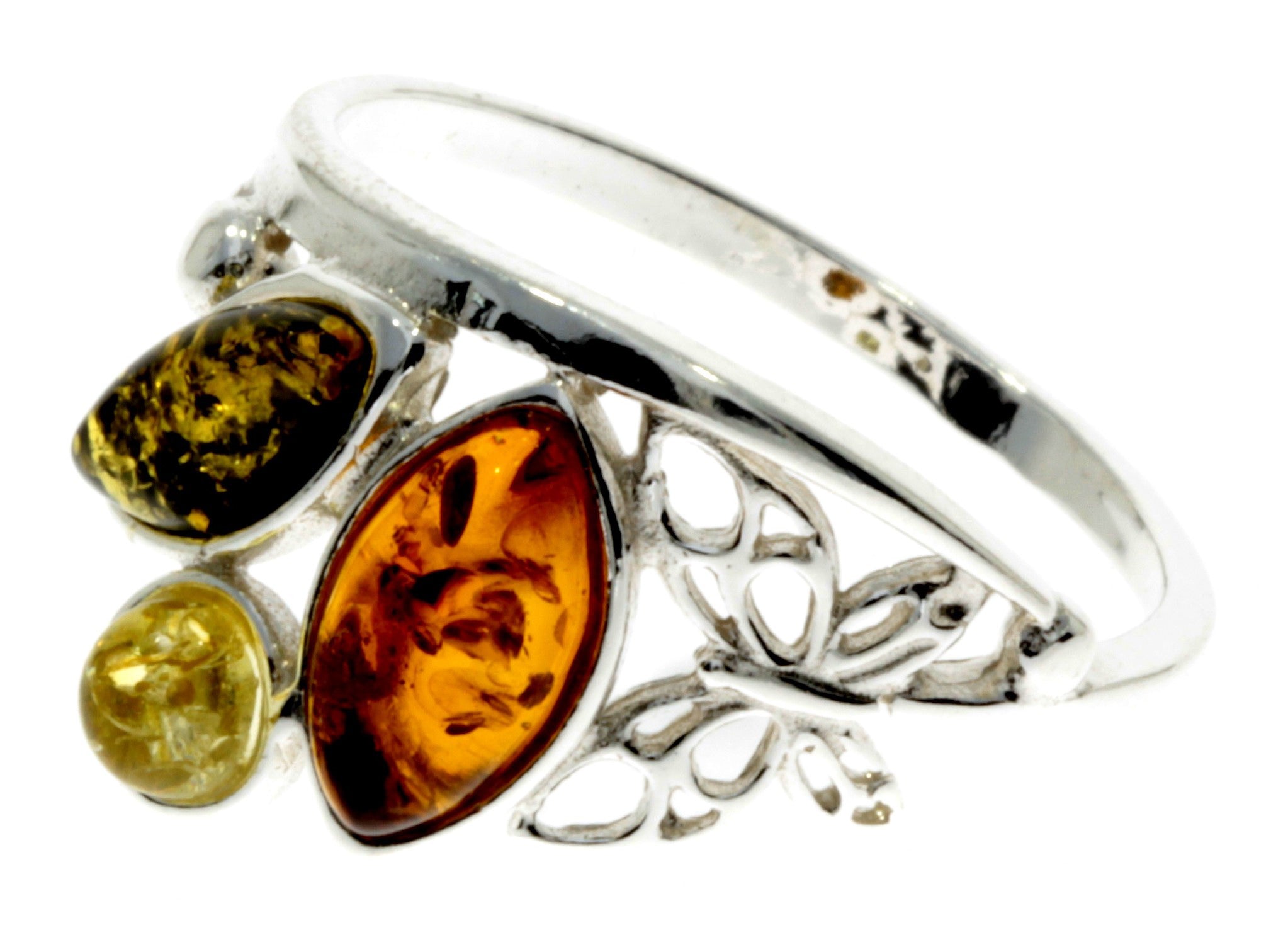 925 Sterling Silver & Baltic Amber Modern Ring with silver butterfly - M717