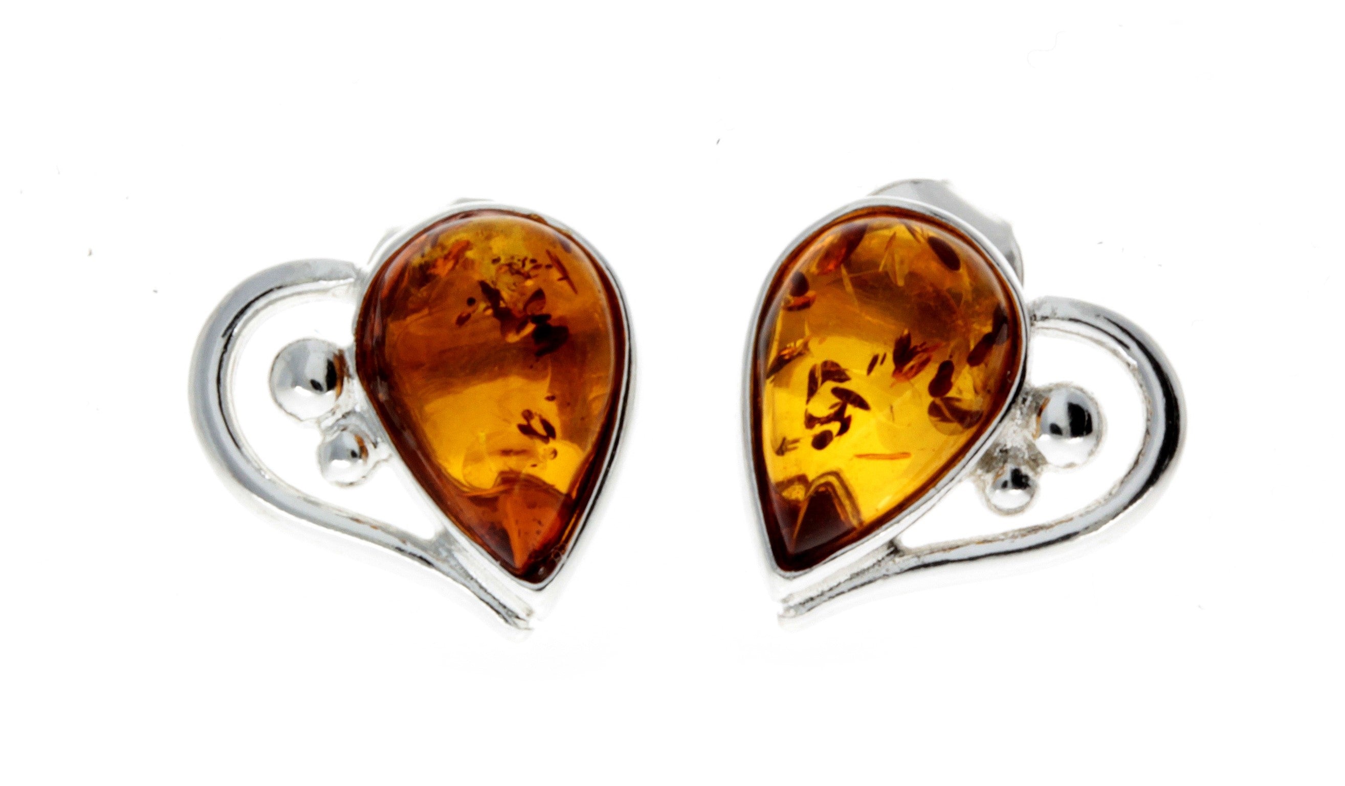 925 Sterling Silver & Baltic Amber Heart Studs Earrings - M194