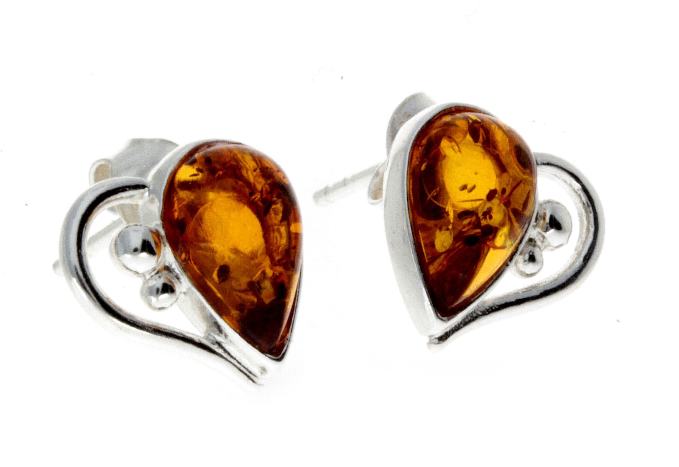 925 Sterling Silver & Baltic Amber Heart Studs Earrings - M194