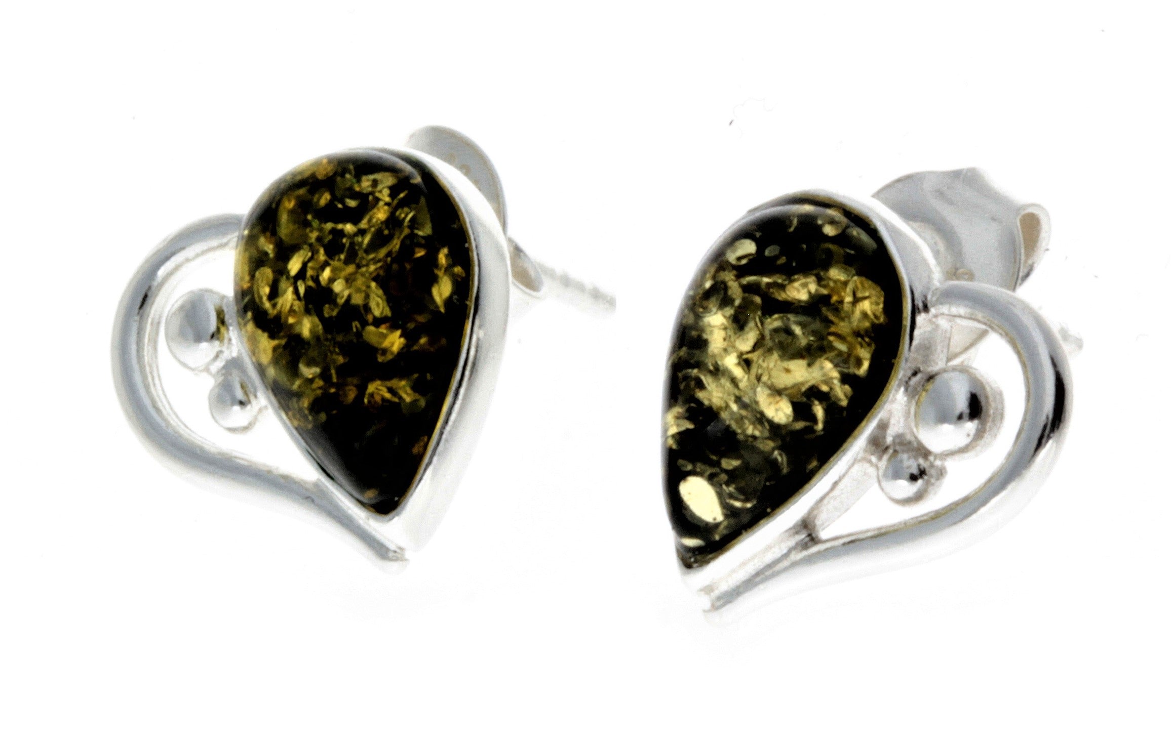 925 Sterling Silver & Baltic Amber Heart Studs Earrings - M194