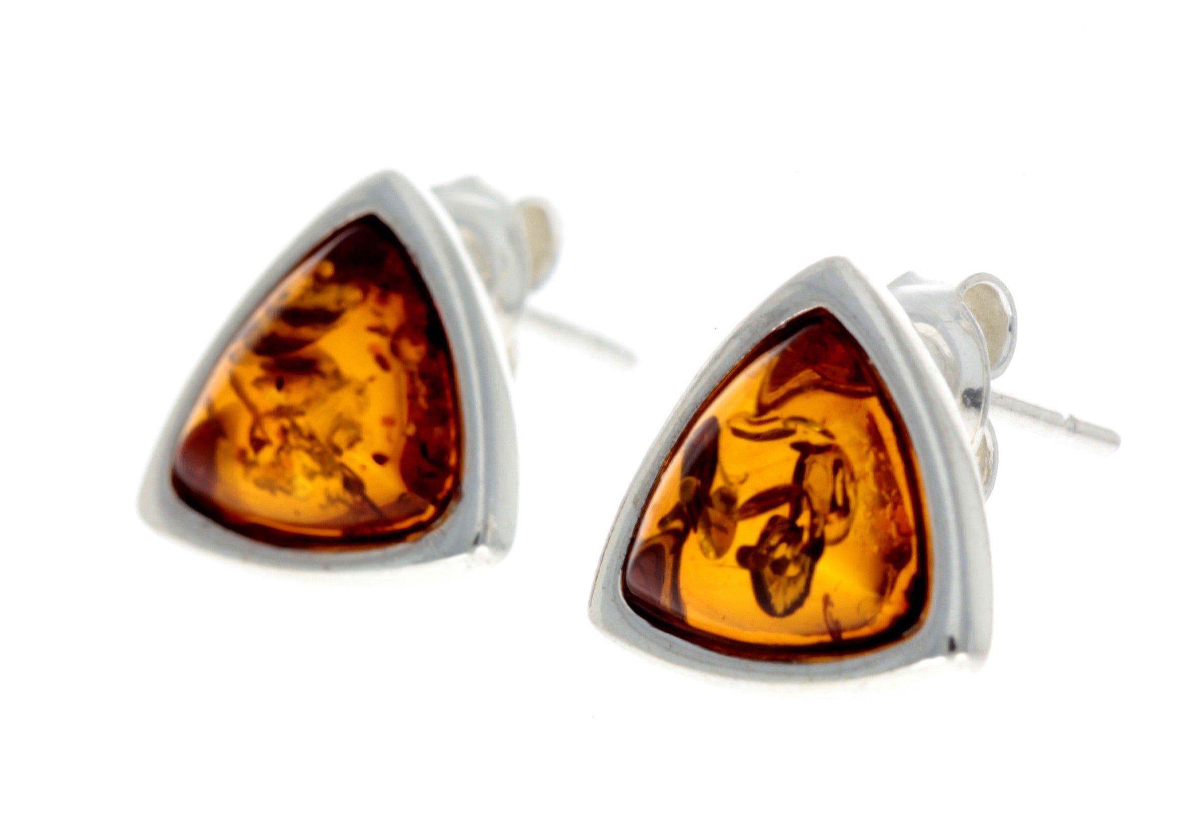 925 Sterling Silver & Genuine Baltic Amber Triangle Modern Studs Earrings - GL031