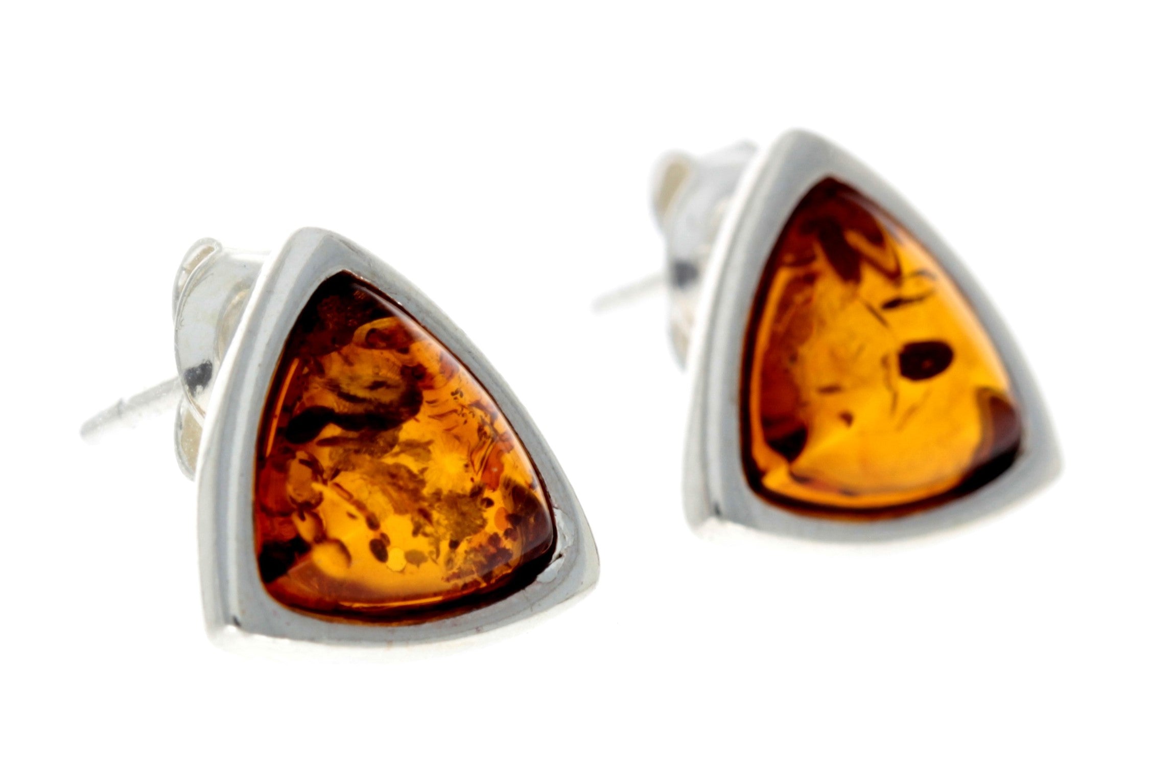 925 Sterling Silver & Genuine Baltic Amber Triangle Modern Studs Earrings - GL031