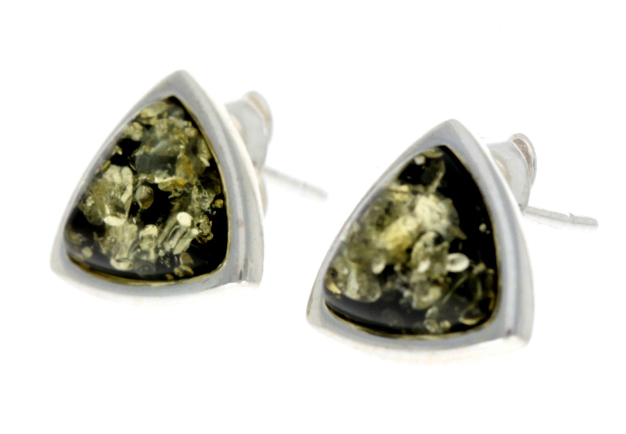 925 Sterling Silver & Genuine Baltic Amber Triangle Modern Studs Earrings - GL031