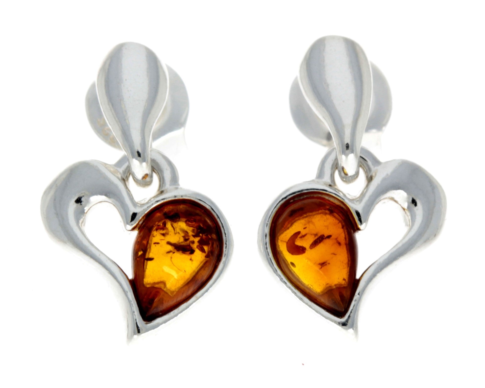 925 Sterling Silver & Baltic Amber Drop Hearts Earrings - GL154