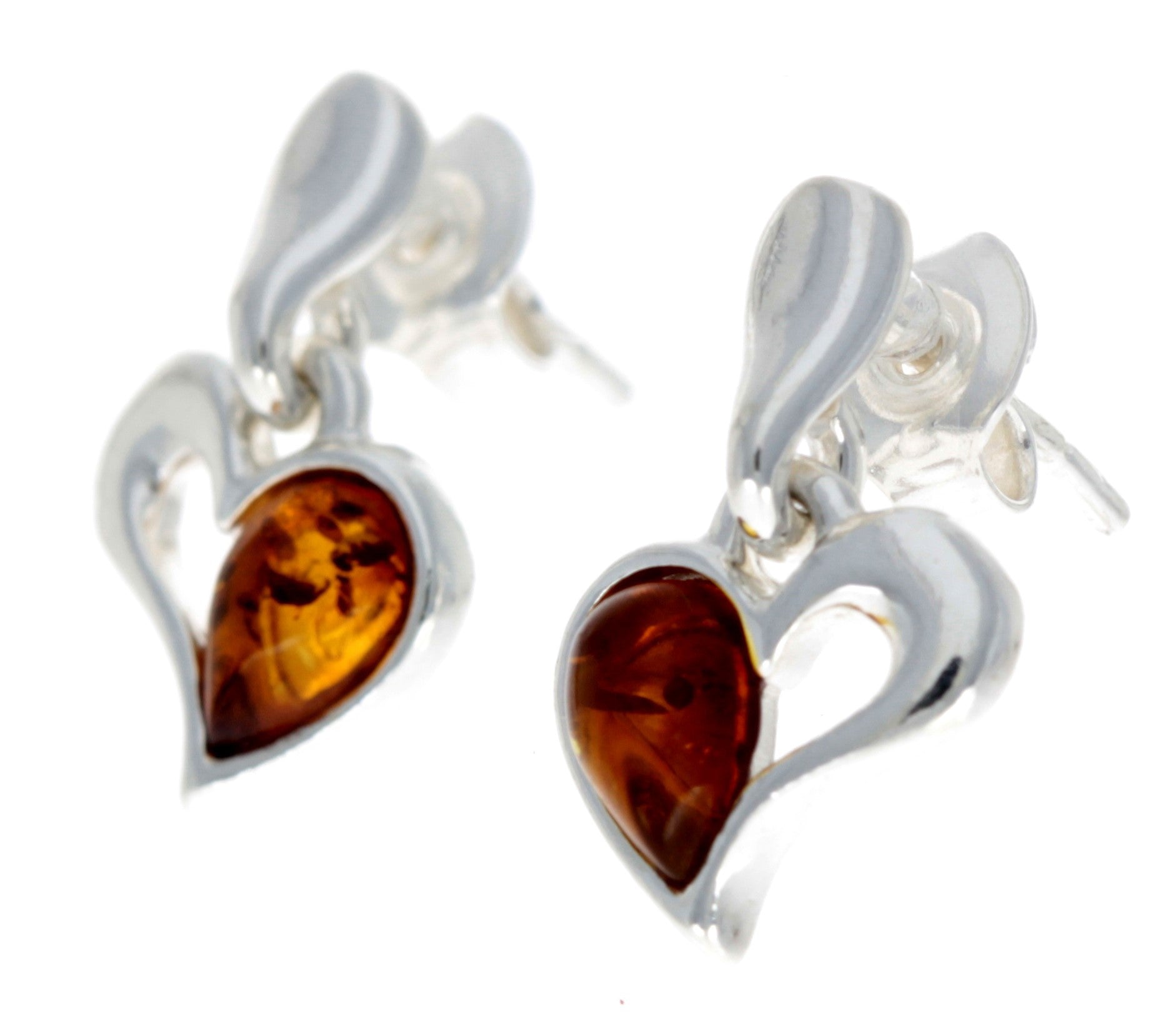 925 Sterling Silver & Baltic Amber Drop Hearts Earrings - GL154