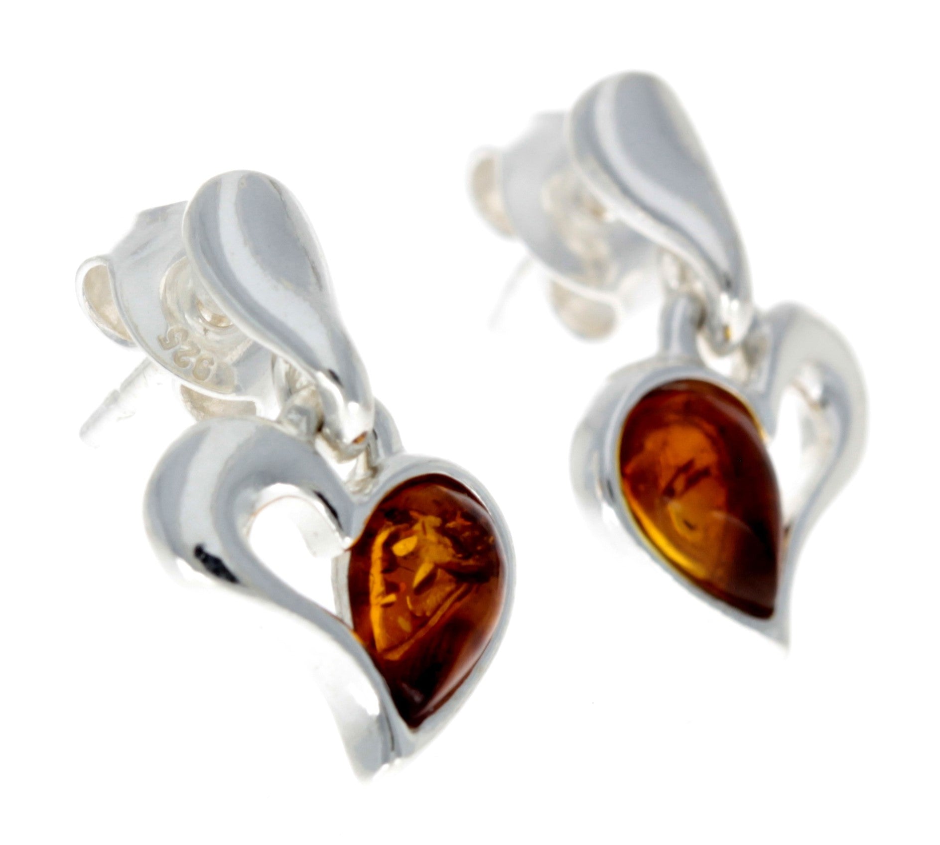 925 Sterling Silver & Baltic Amber Drop Hearts Earrings - GL154