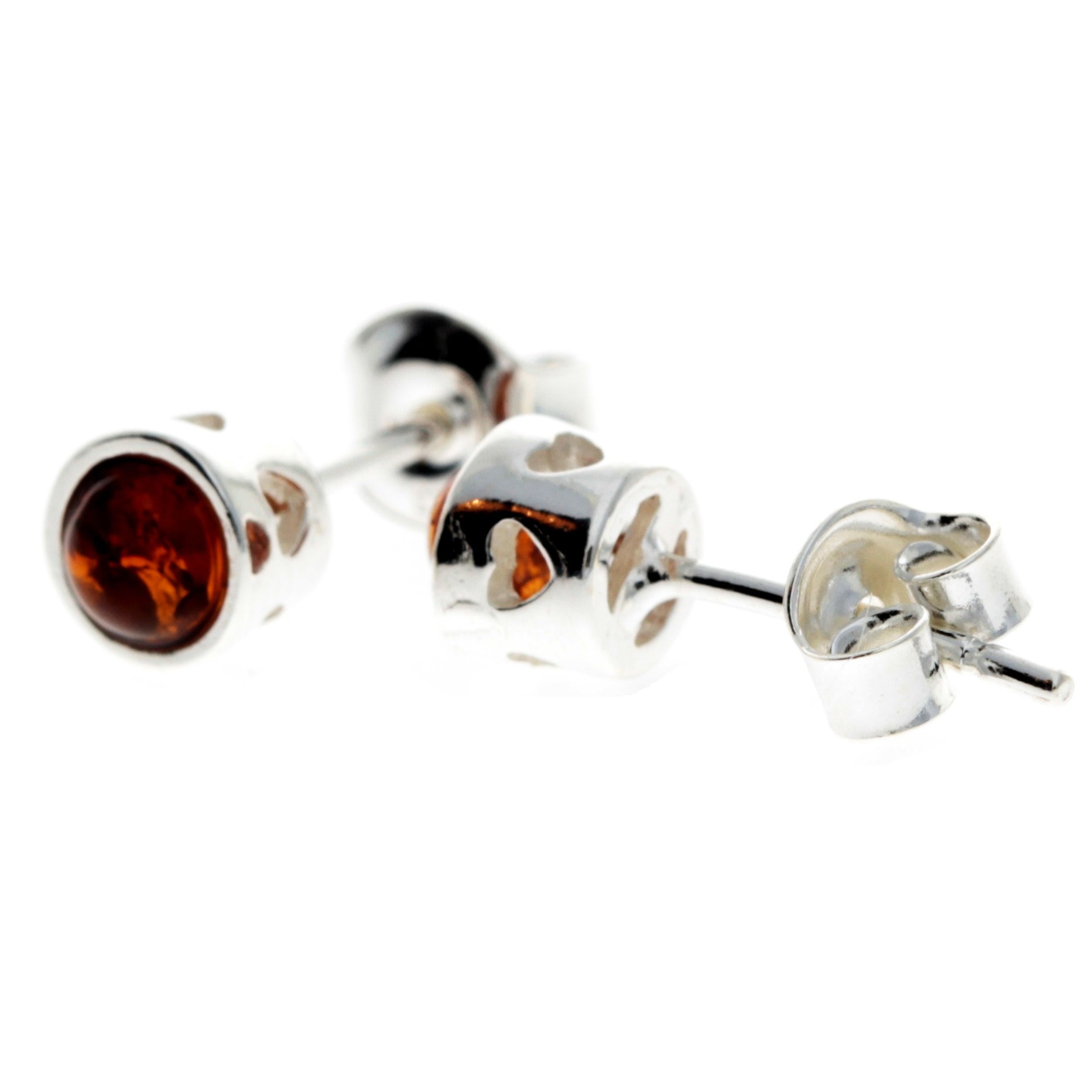 925 Sterling Silver & Baltic Amber Modern Heart Studs Earrings - GL169