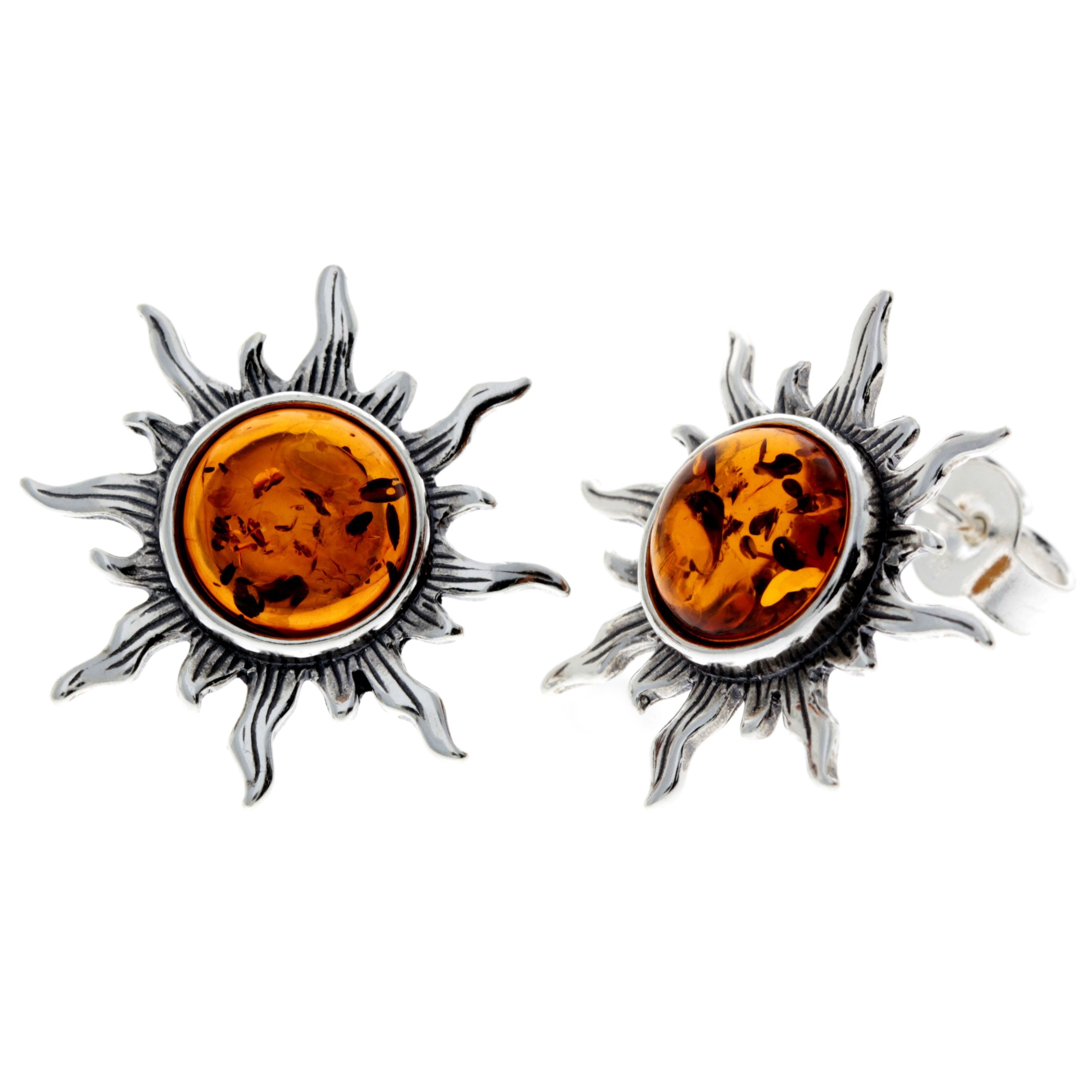 925 Sterling Silver & Baltic Amber Sun Stud Earrings 8222