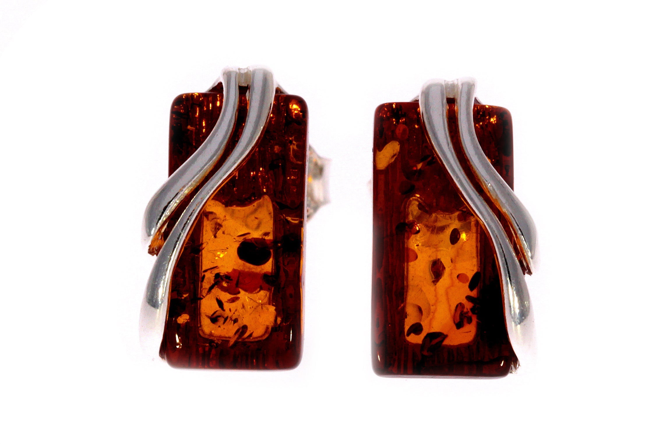 925 Sterling Silver & Baltic Amber Modern Studs Earrings - GL005