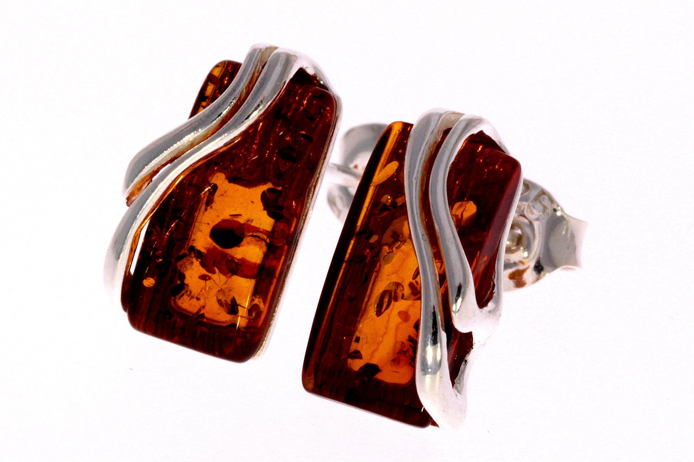 925 Sterling Silver & Baltic Amber Modern Studs Earrings - GL005