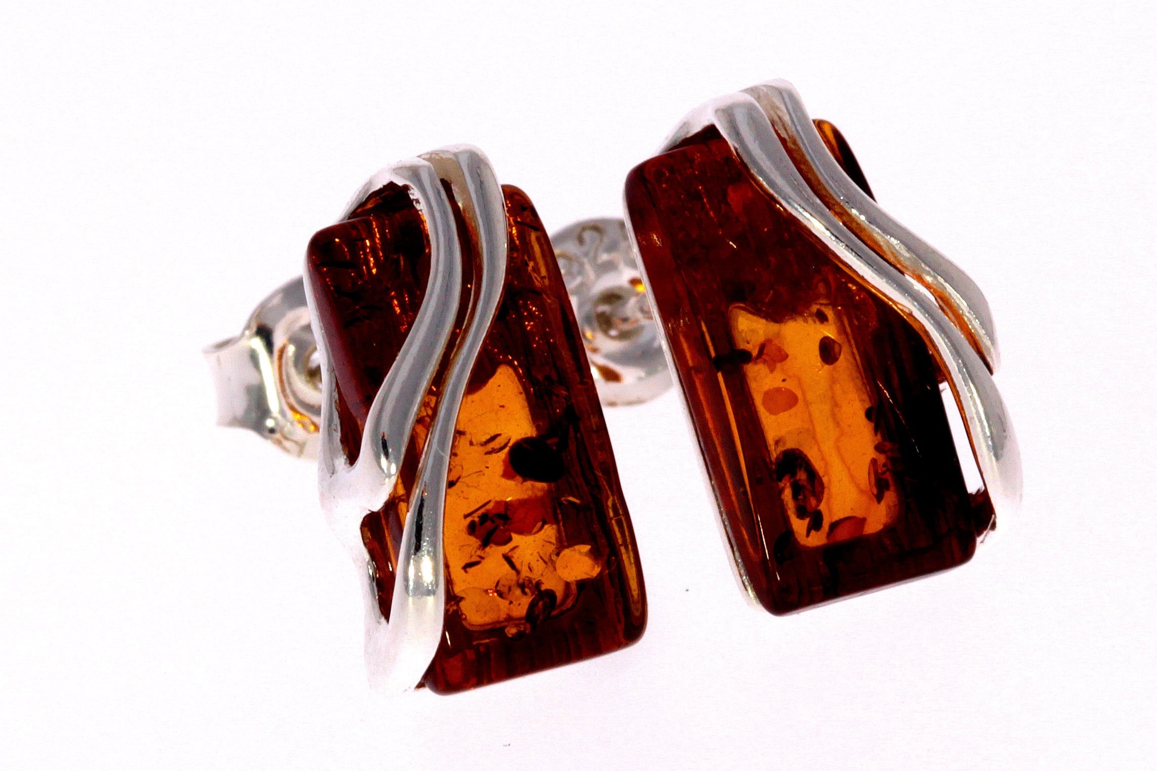 925 Sterling Silver & Baltic Amber Modern Studs Earrings - GL005