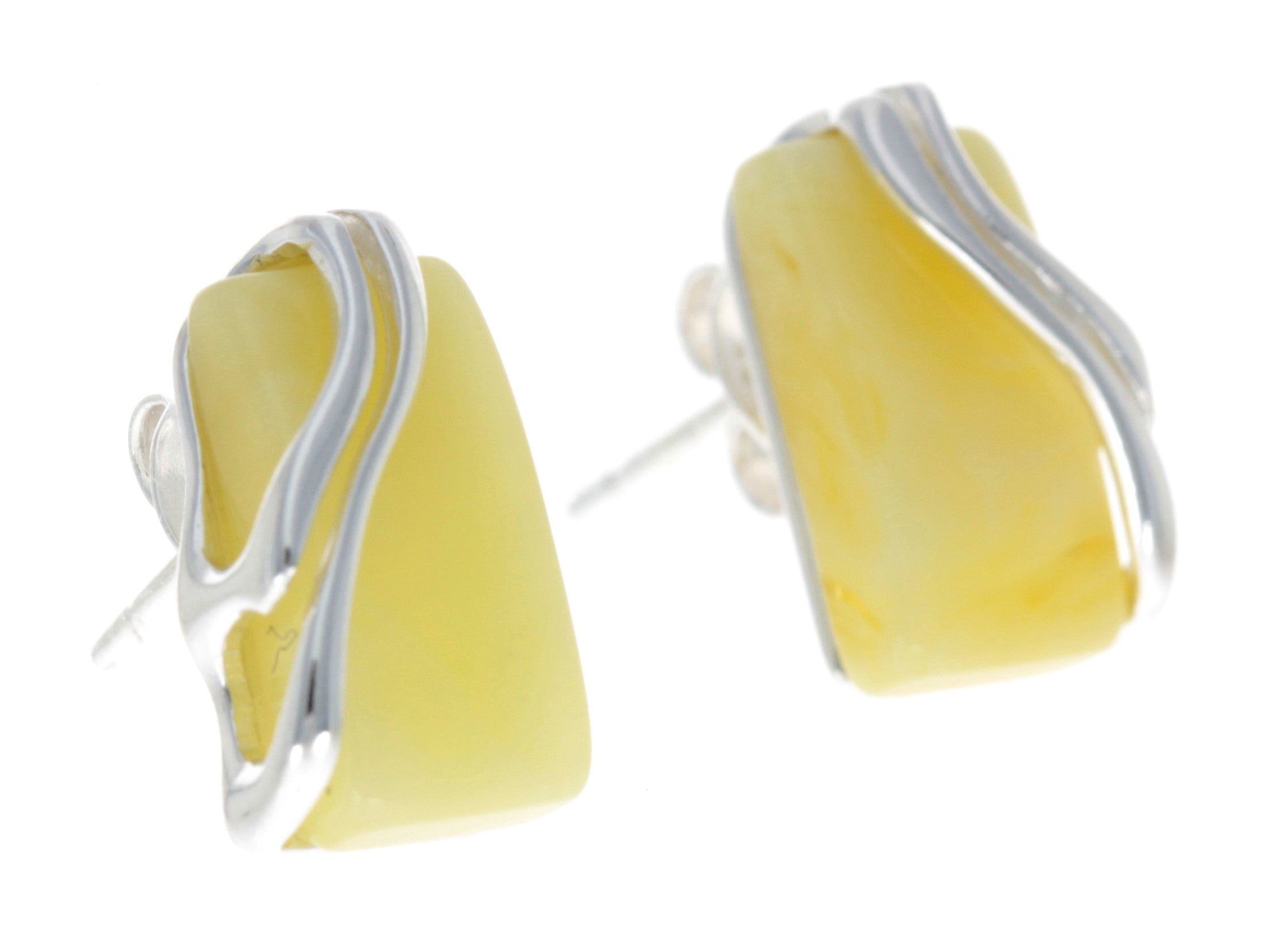 925 Sterling Silver & Baltic Amber Modern Studs Earrings - GL005