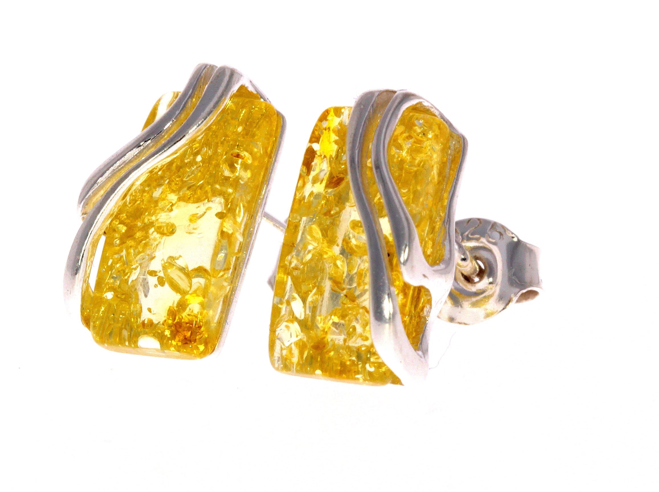 925 Sterling Silver & Baltic Amber Modern Studs Earrings - GL005