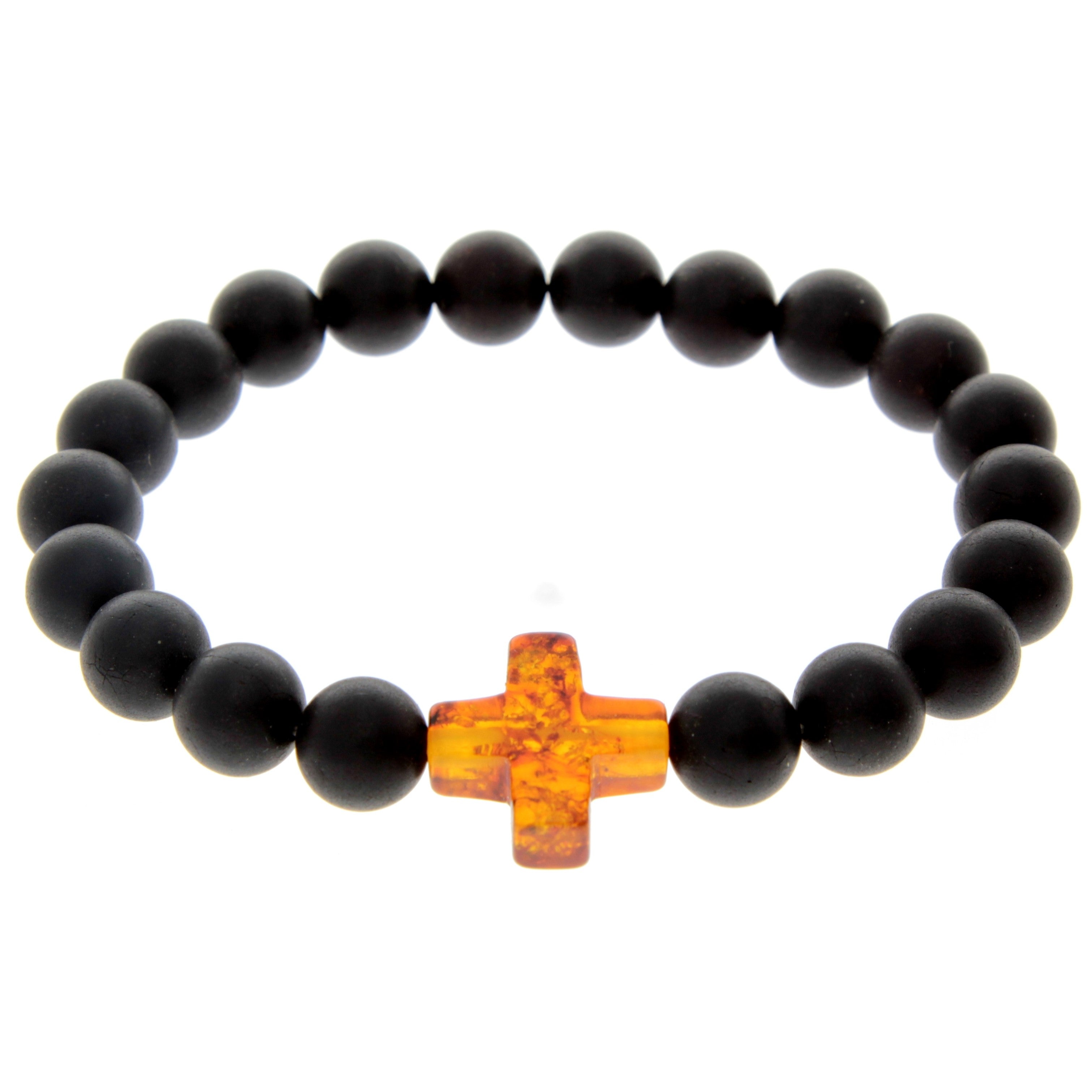 Genuine Baltic Amber Elastic Bracelet for Men with Amber Cross - MB010