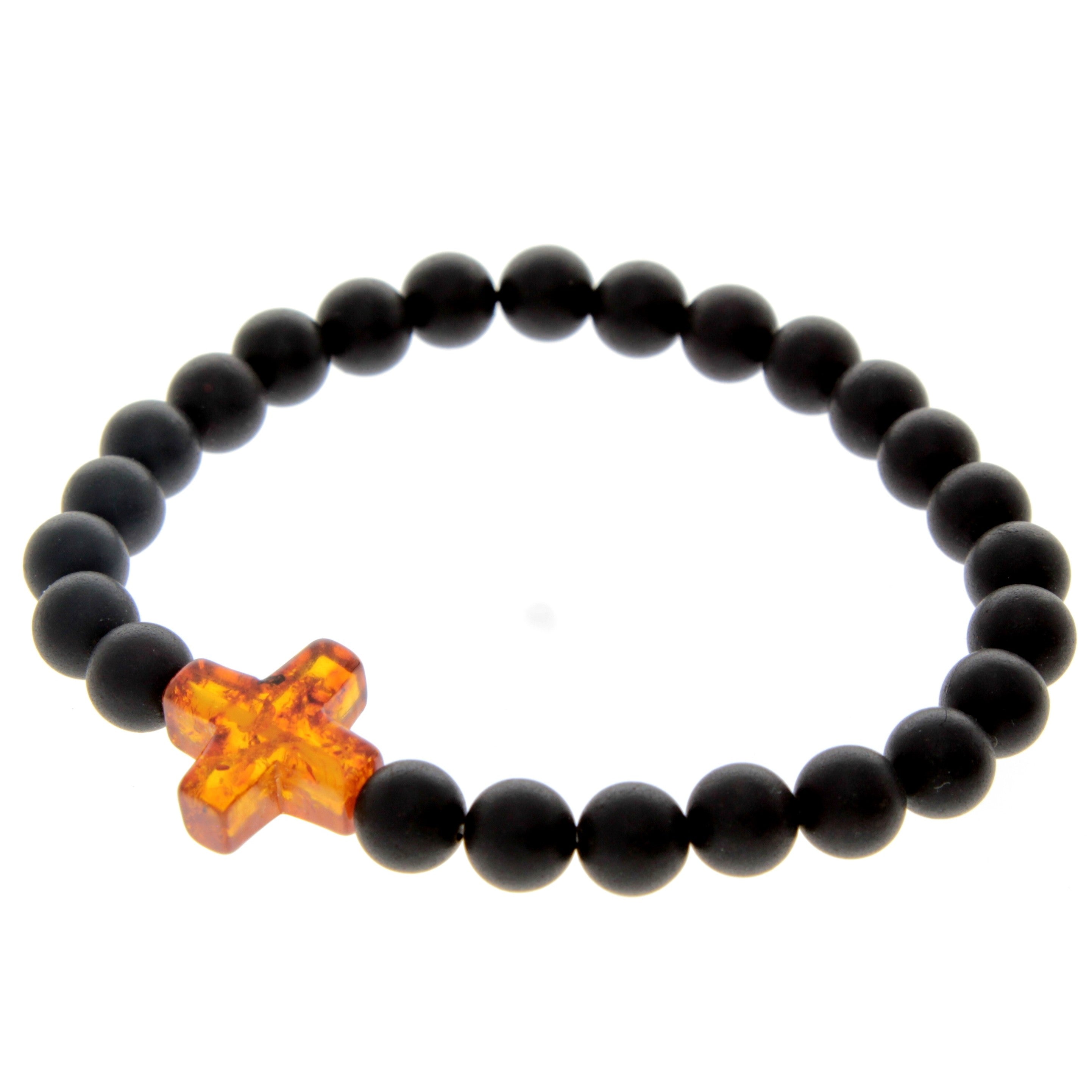 Genuine Baltic Amber Elastic Bracelet for Men with Amber Cross - MB010S