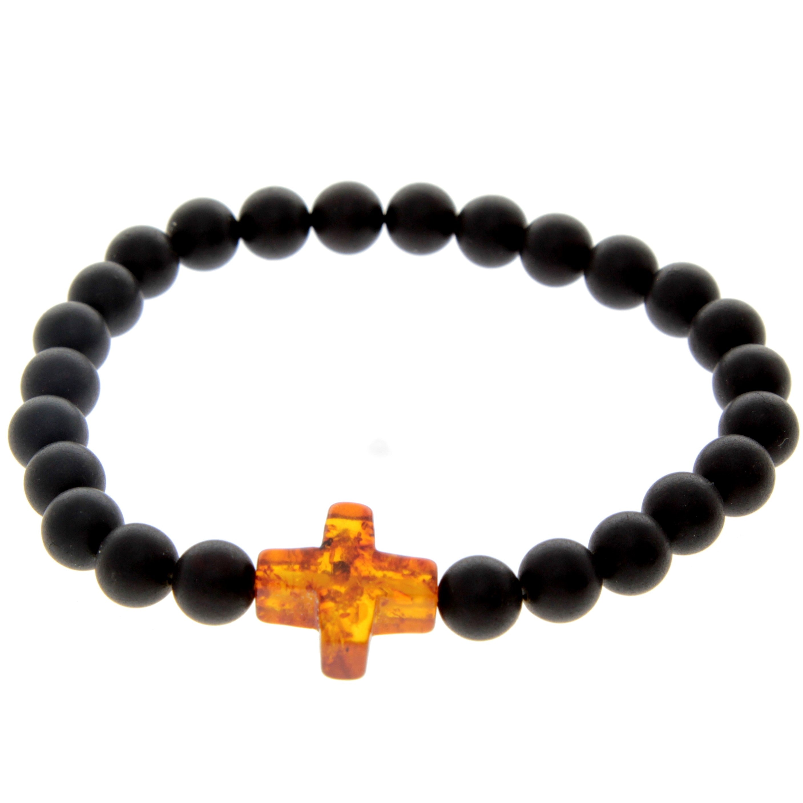 Genuine Baltic Amber Elastic Bracelet for Men with Amber Cross - MB010S