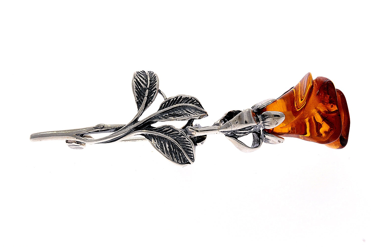 925 Sterling Silver & Baltic Amber Unique Rose Brooch - BR1