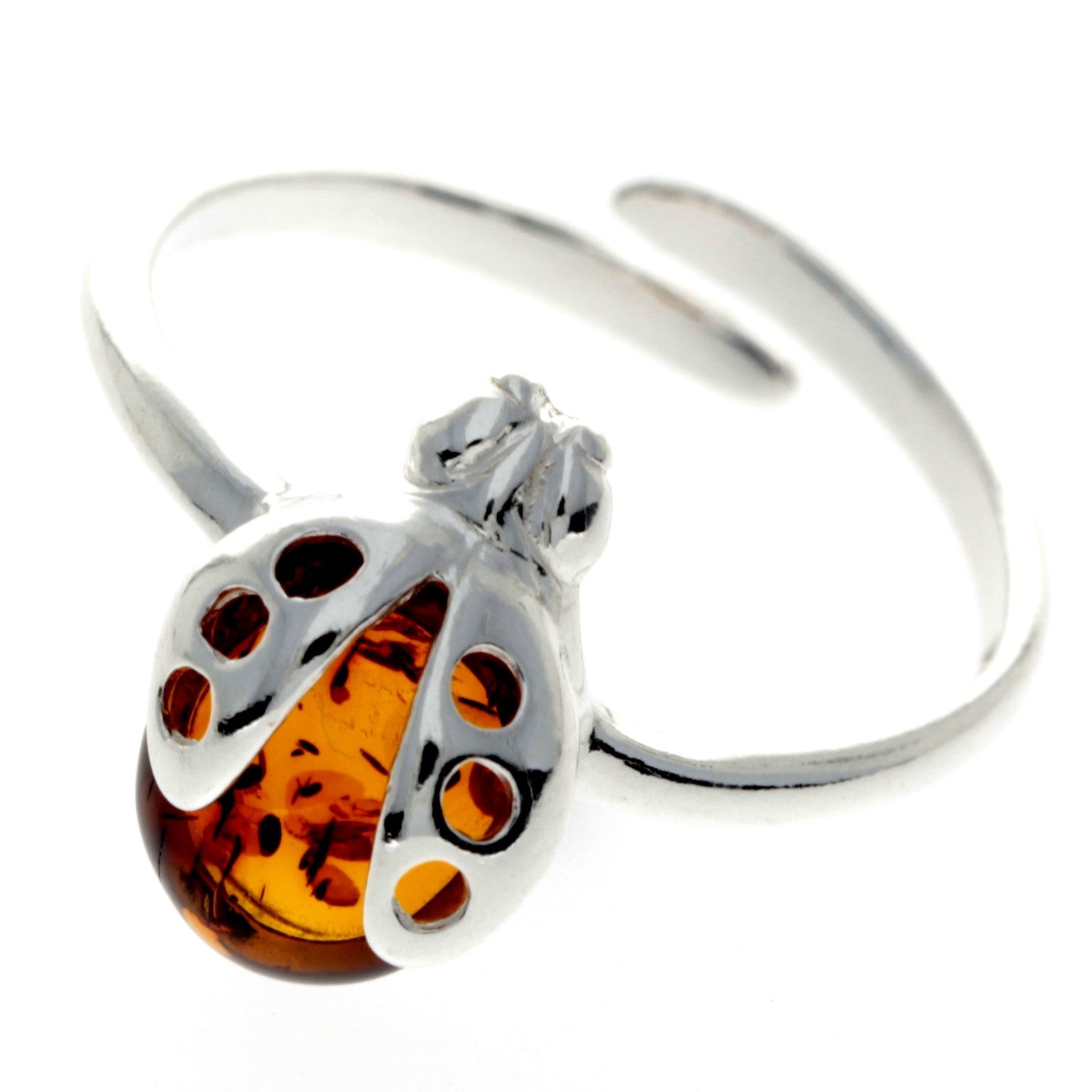 925 Sterling Silver & Baltic Amber Ladybird Adjustable Ring - GL491A