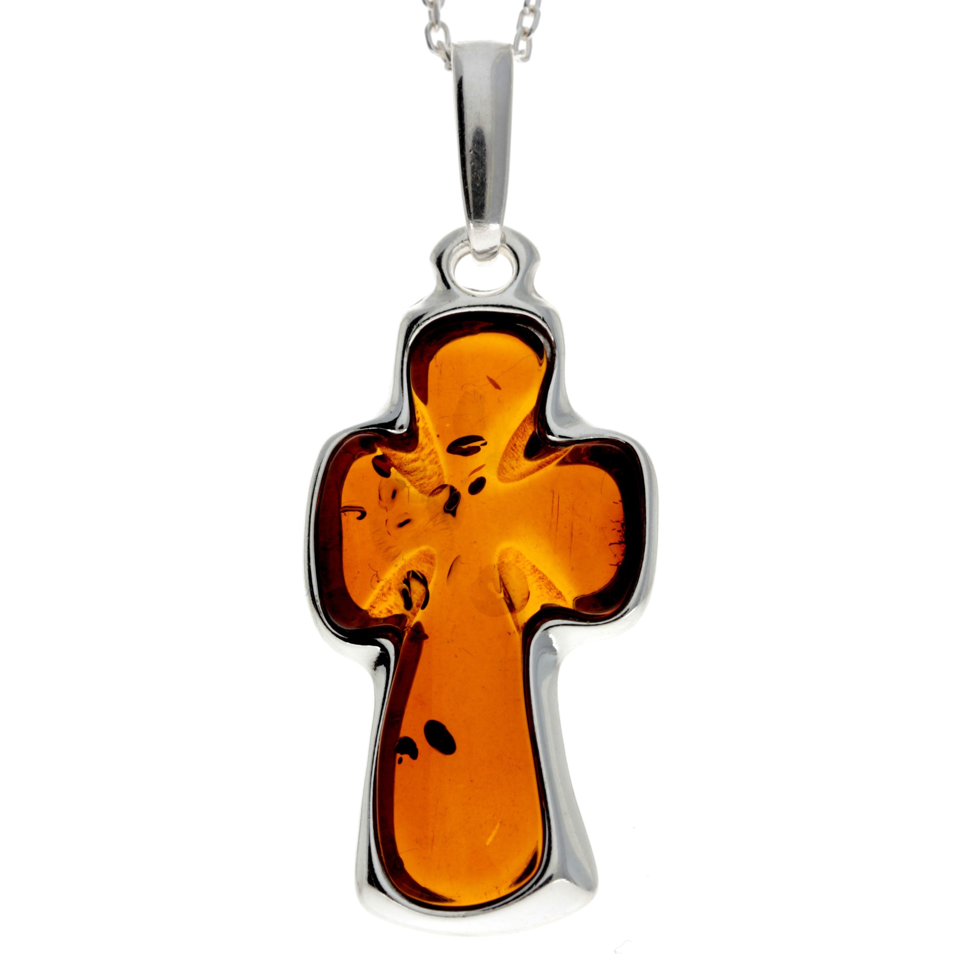 925 Sterling Silver & Baltic Amber Large Unique Cross Pendant - AD216