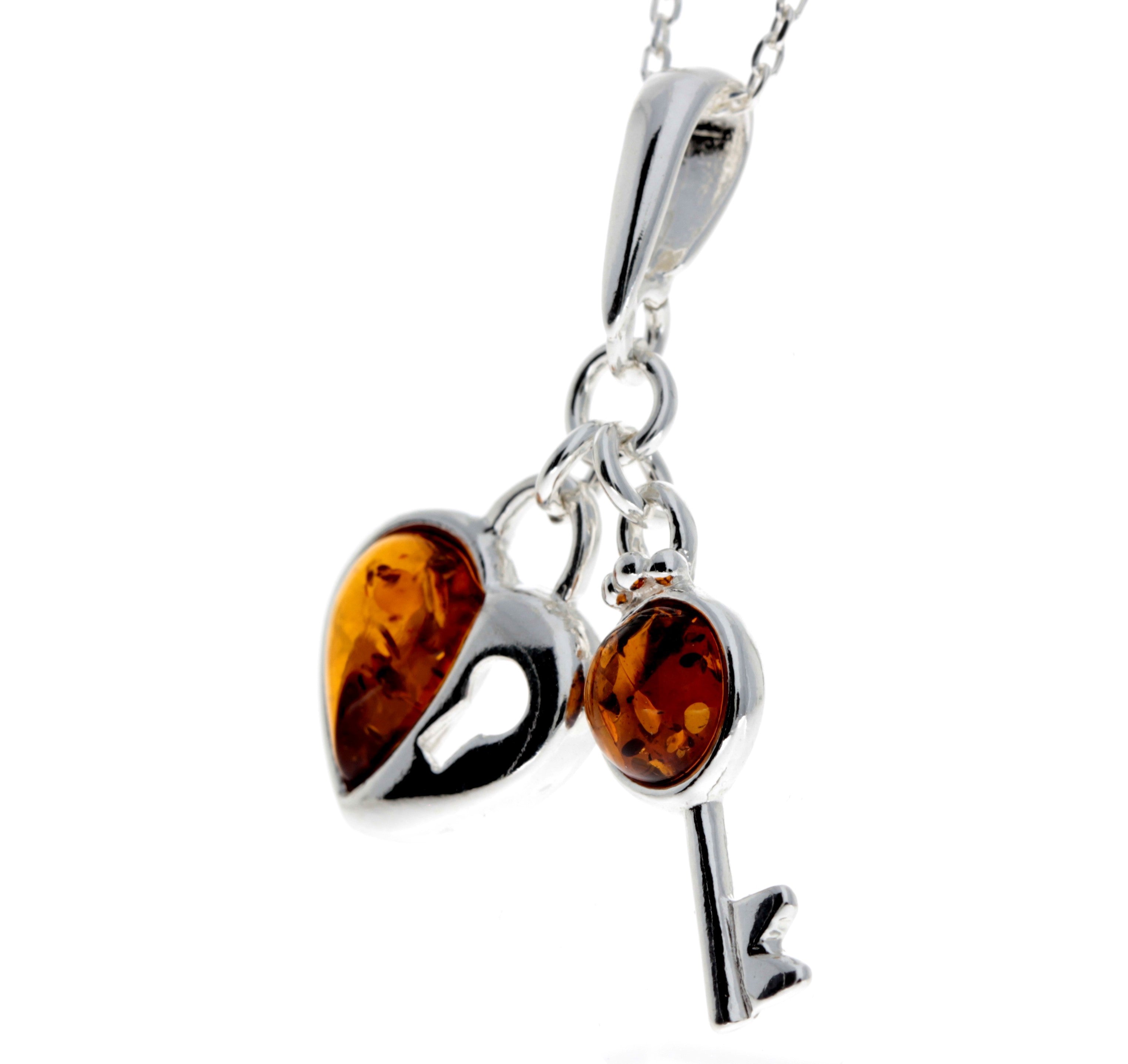 925 Sterling Silver & Baltic Amber Key & Heart Pendant - GL336