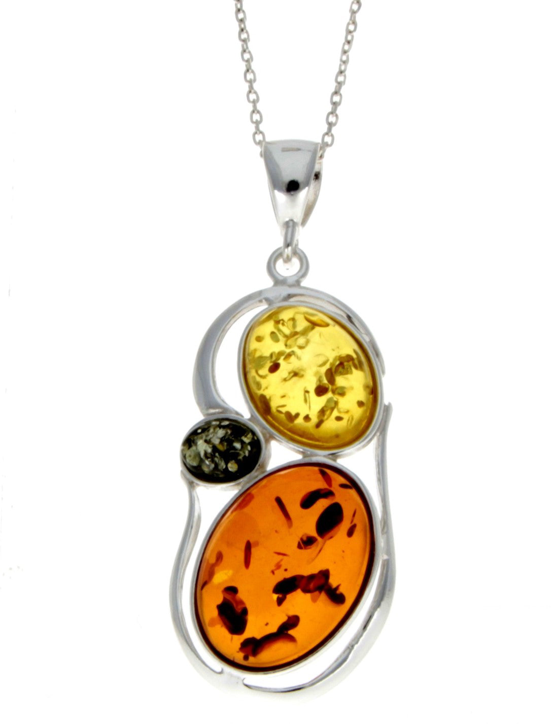 925 Sterling Silver & Baltic Amber 3 Stone Modern Pendant - M370