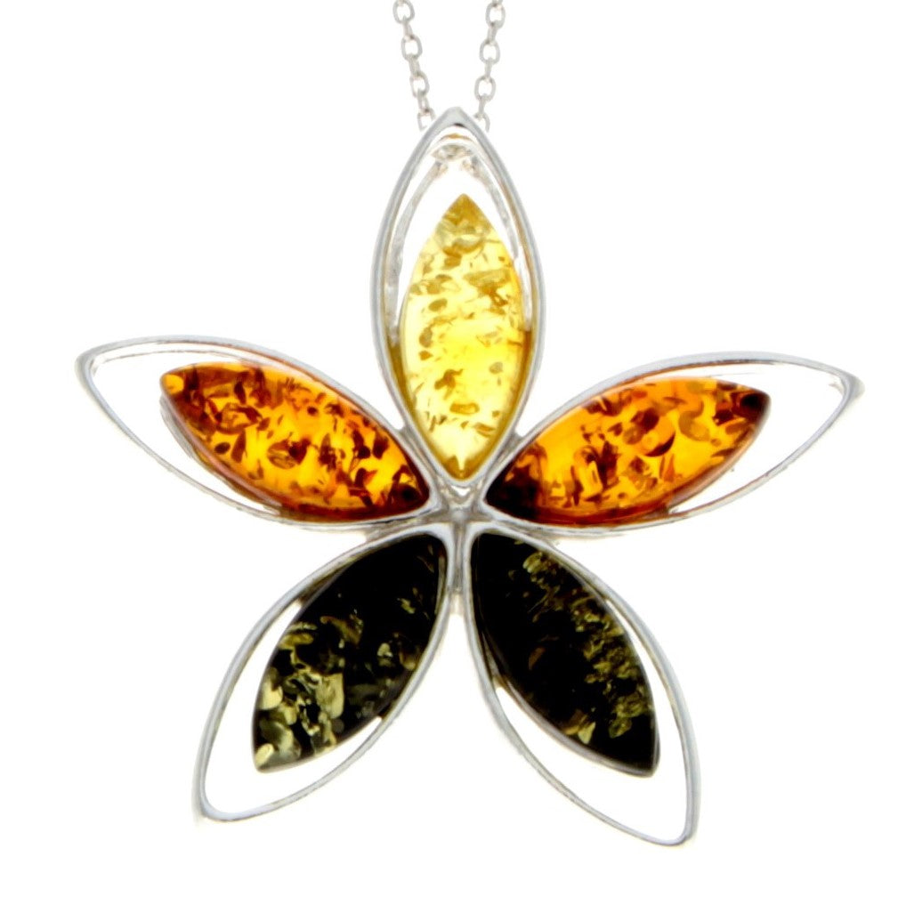 925 Sterling Silver & Baltic Amber 5 Stones Star Modern Pendant - M373